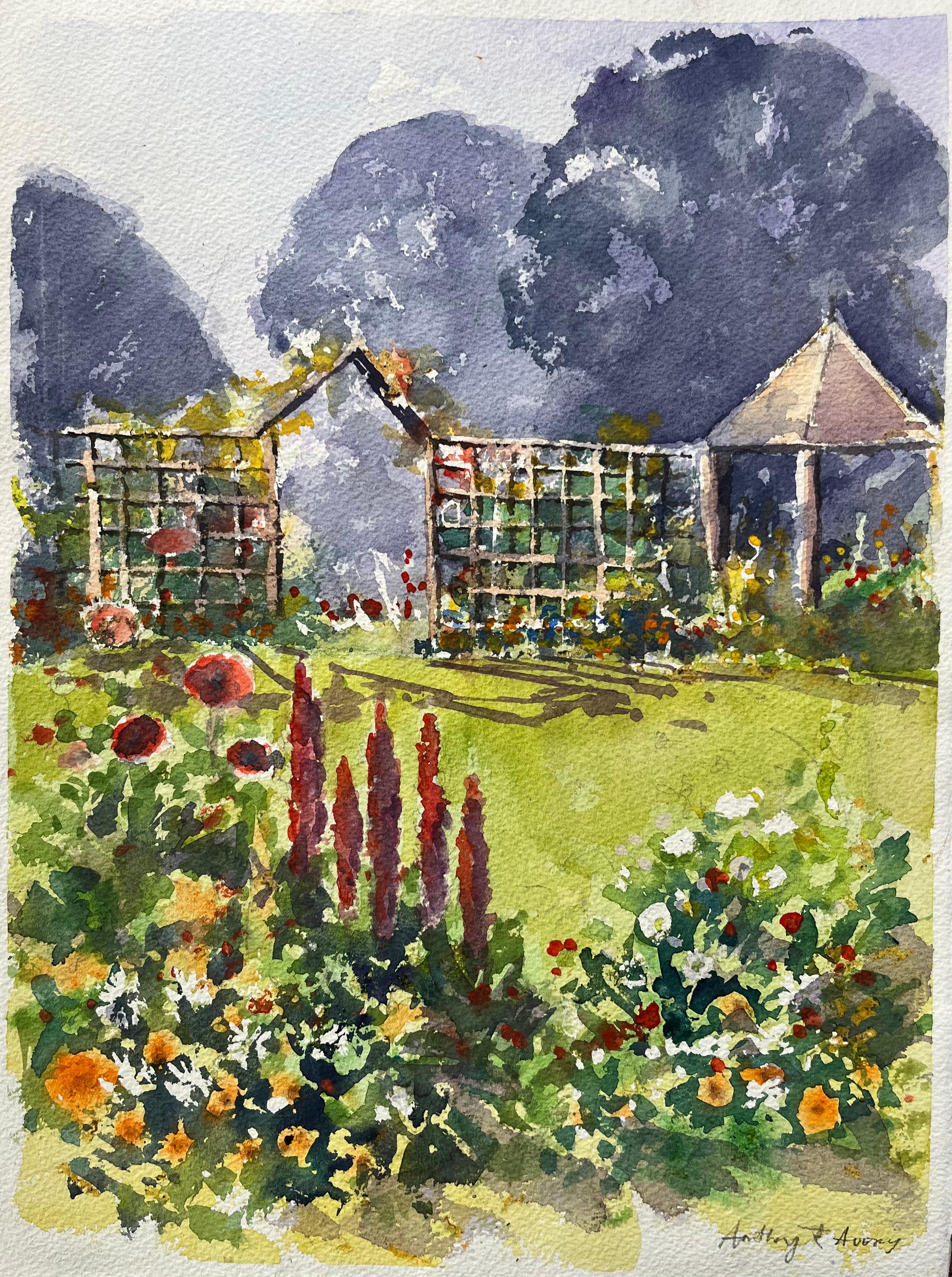 Britisches impressionistisches Aquarell eines sonnenbeschienenen Gartens mit Blumen und Spalier