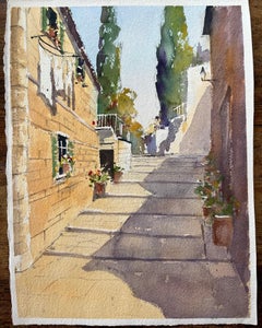 British Impressionist Watercolor of Sunlit Stone Alleyway with Cypress Trees