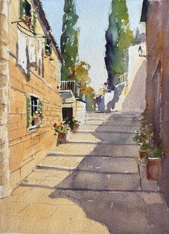 Aquarelle impressionniste britannique d'une allée en pierre éclairée avec cyprès