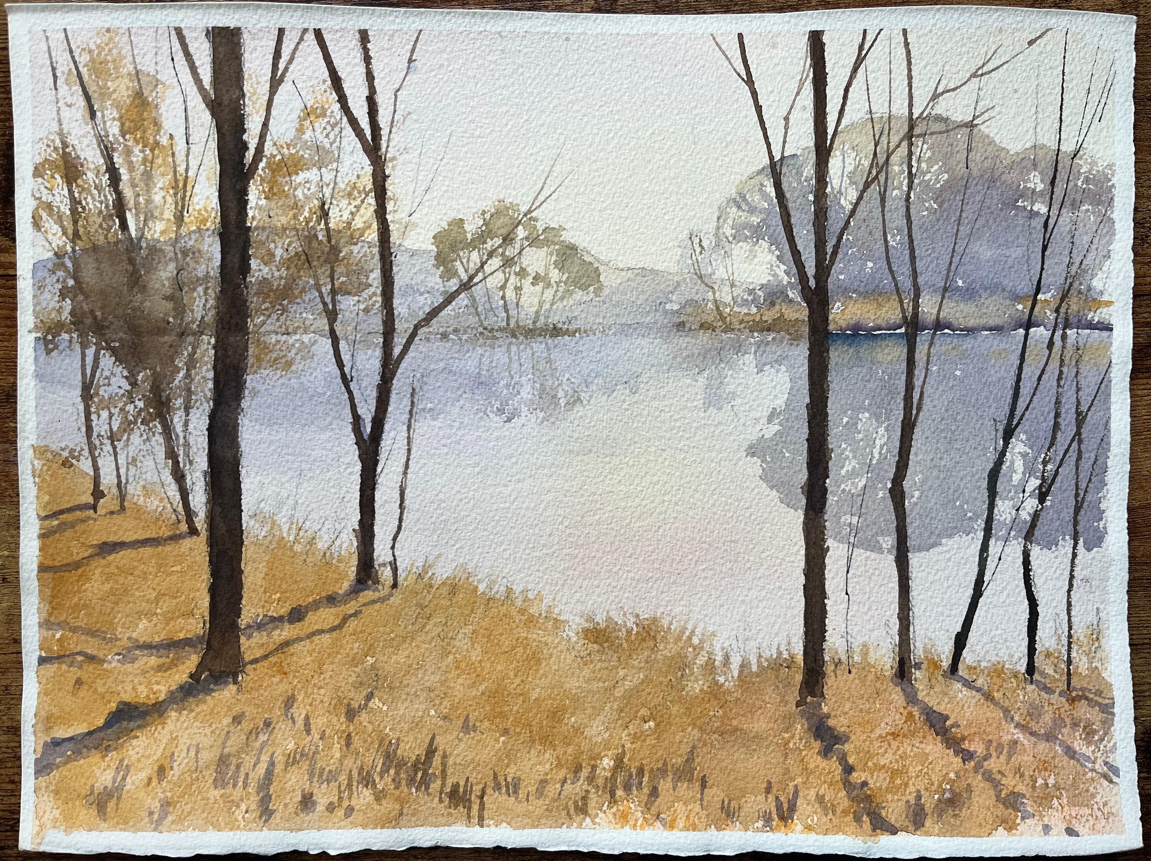 British Impressionist Watercolor of Sunlit Trees by a Tranquil Lake - Painting by Anthony Avery