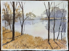 British Impressionist Watercolor of Sunlit Trees by a Tranquil Lake