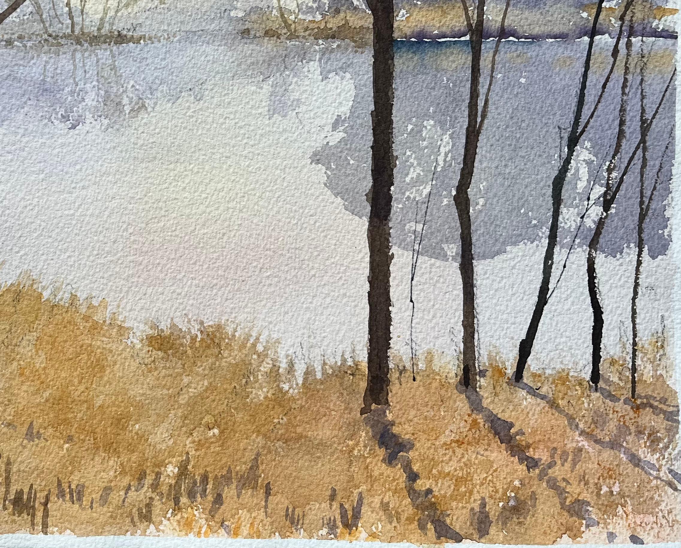 British Impressionist Watercolor of Sunlit Trees by a Tranquil Lake - Beige Landscape Painting by Anthony Avery