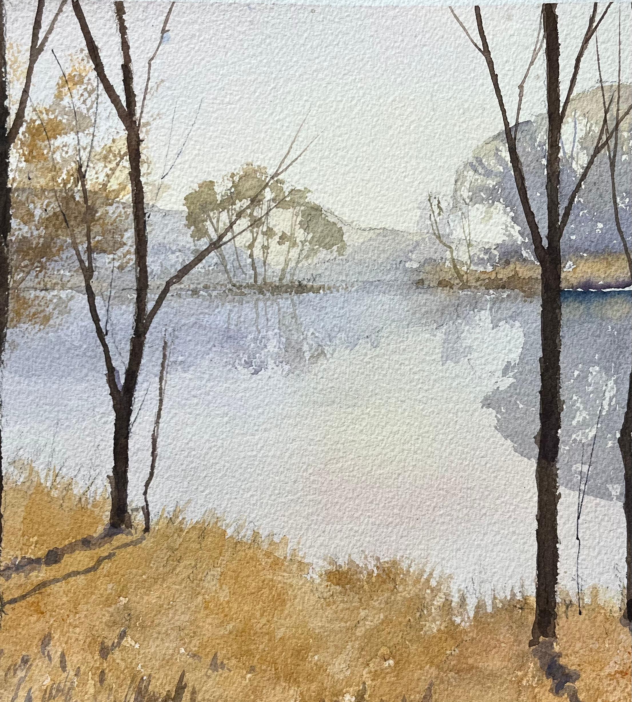 British Impressionist Watercolor of Sunlit Trees by a Tranquil Lake For Sale 1
