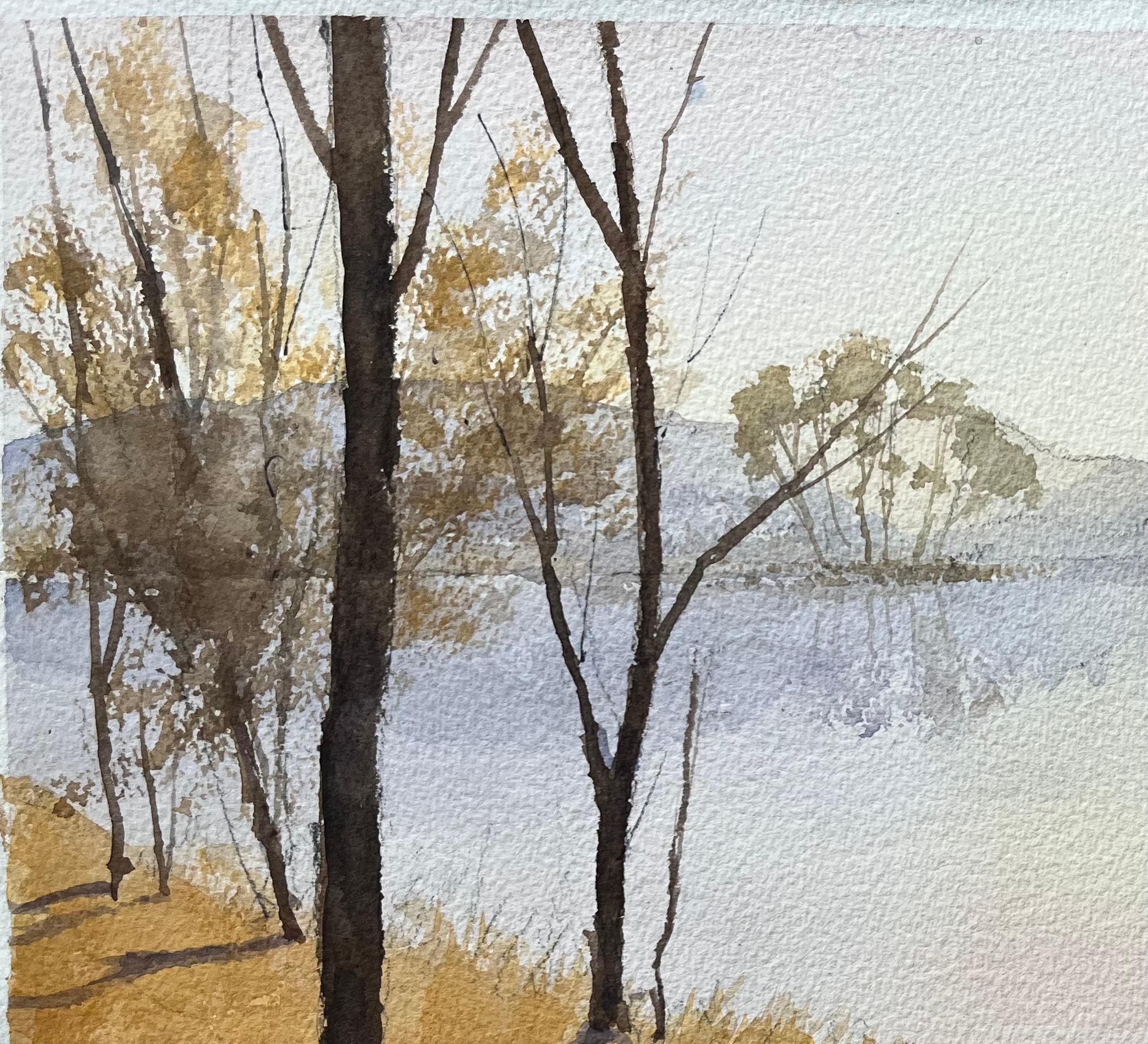 British Impressionist Watercolor of Sunlit Trees by a Tranquil Lake For Sale 2