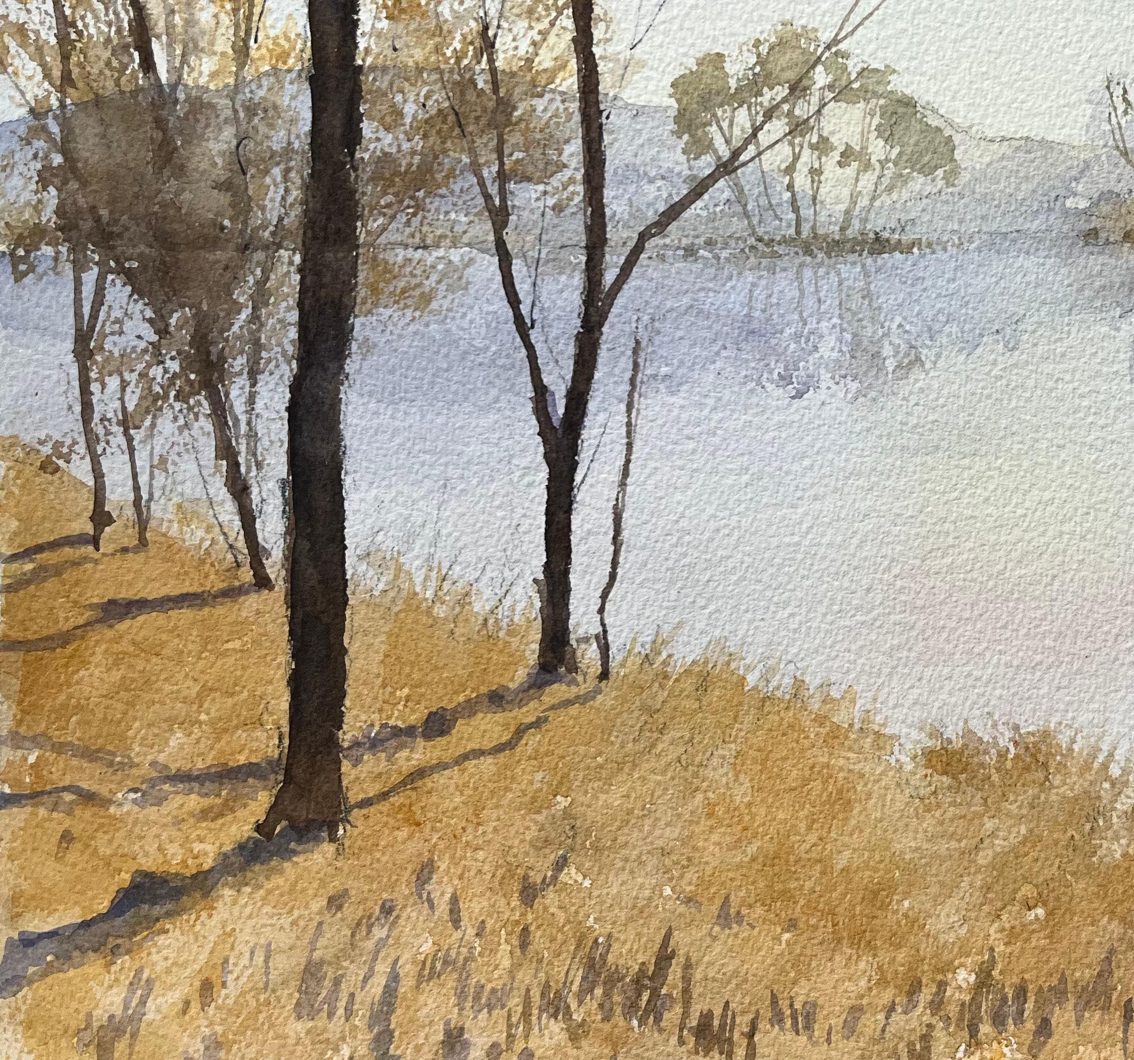 British Impressionist Watercolor of Sunlit Trees by a Tranquil Lake For Sale 3