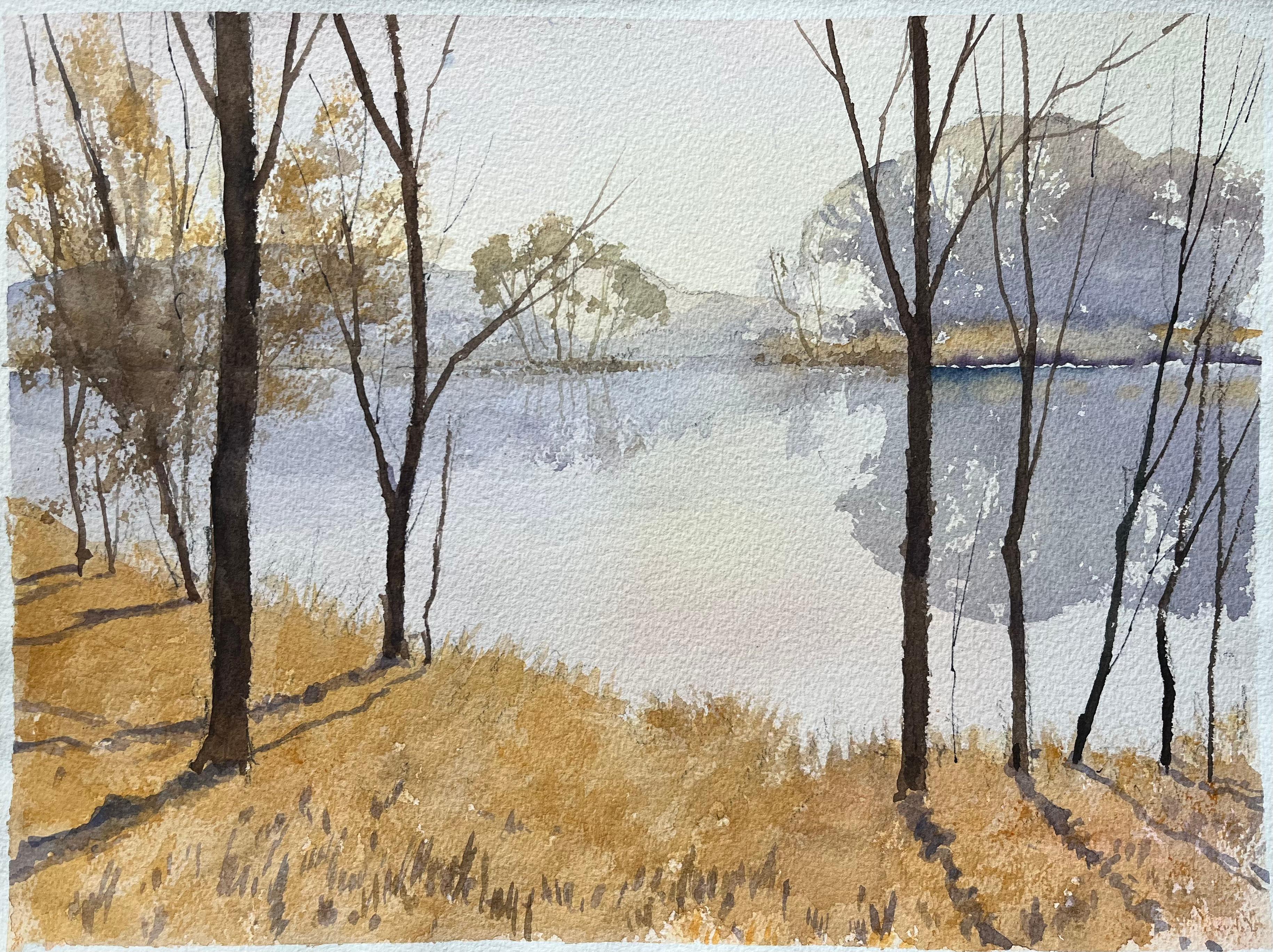 British Impressionist Watercolor of Sunlit Trees by a Tranquil Lake