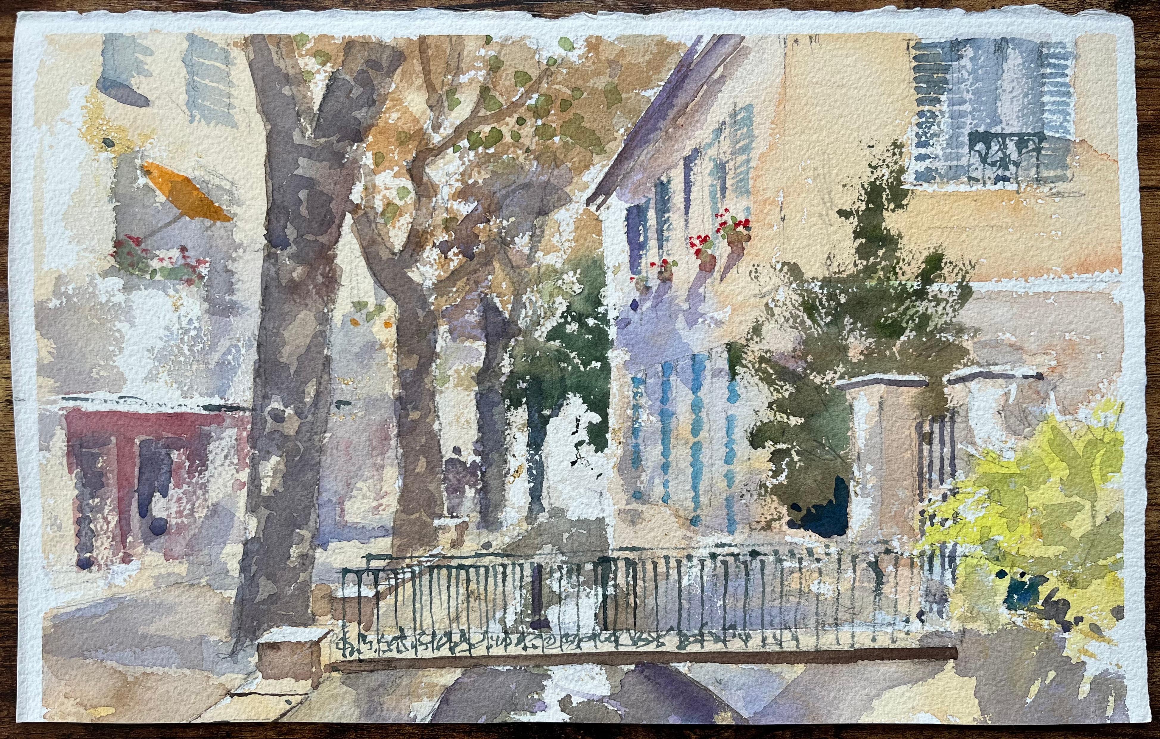 British Impressionist Watercolor of Sunlit Village Street with Bridge - Painting by Anthony Avery