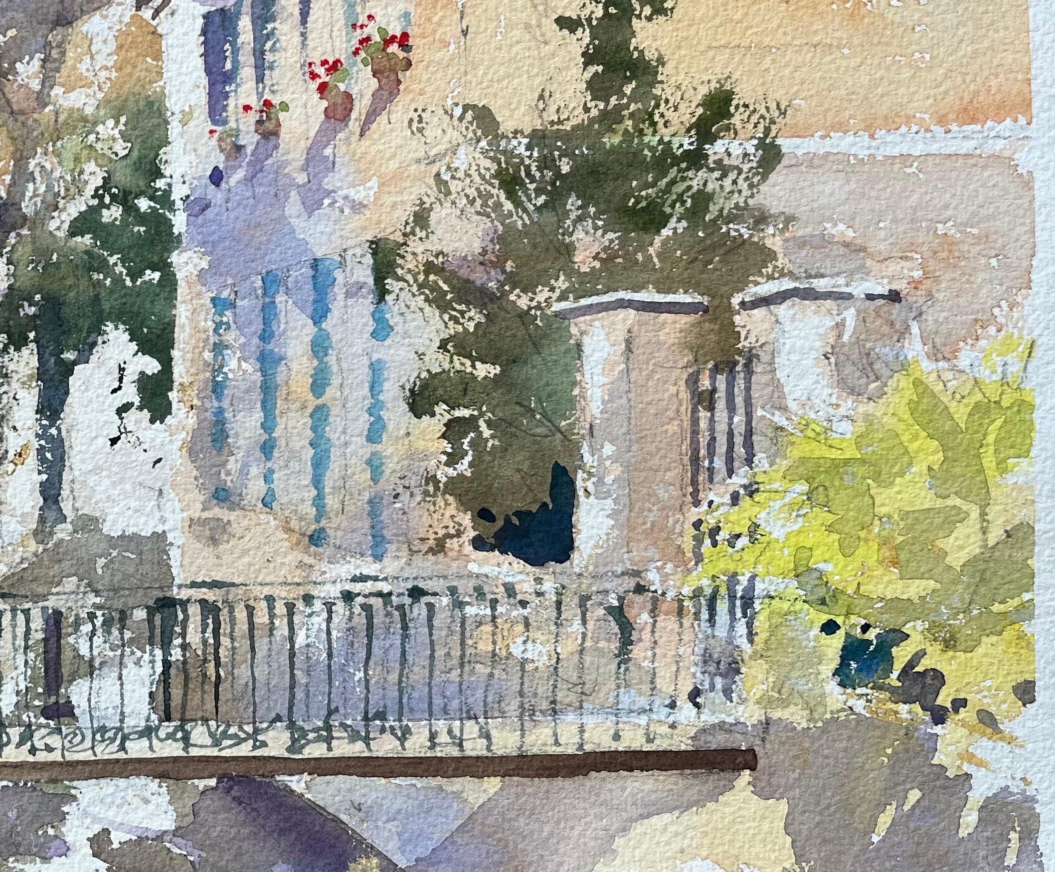 British Impressionist Watercolor of Sunlit Village Street with Bridge - Gray Landscape Painting by Anthony Avery