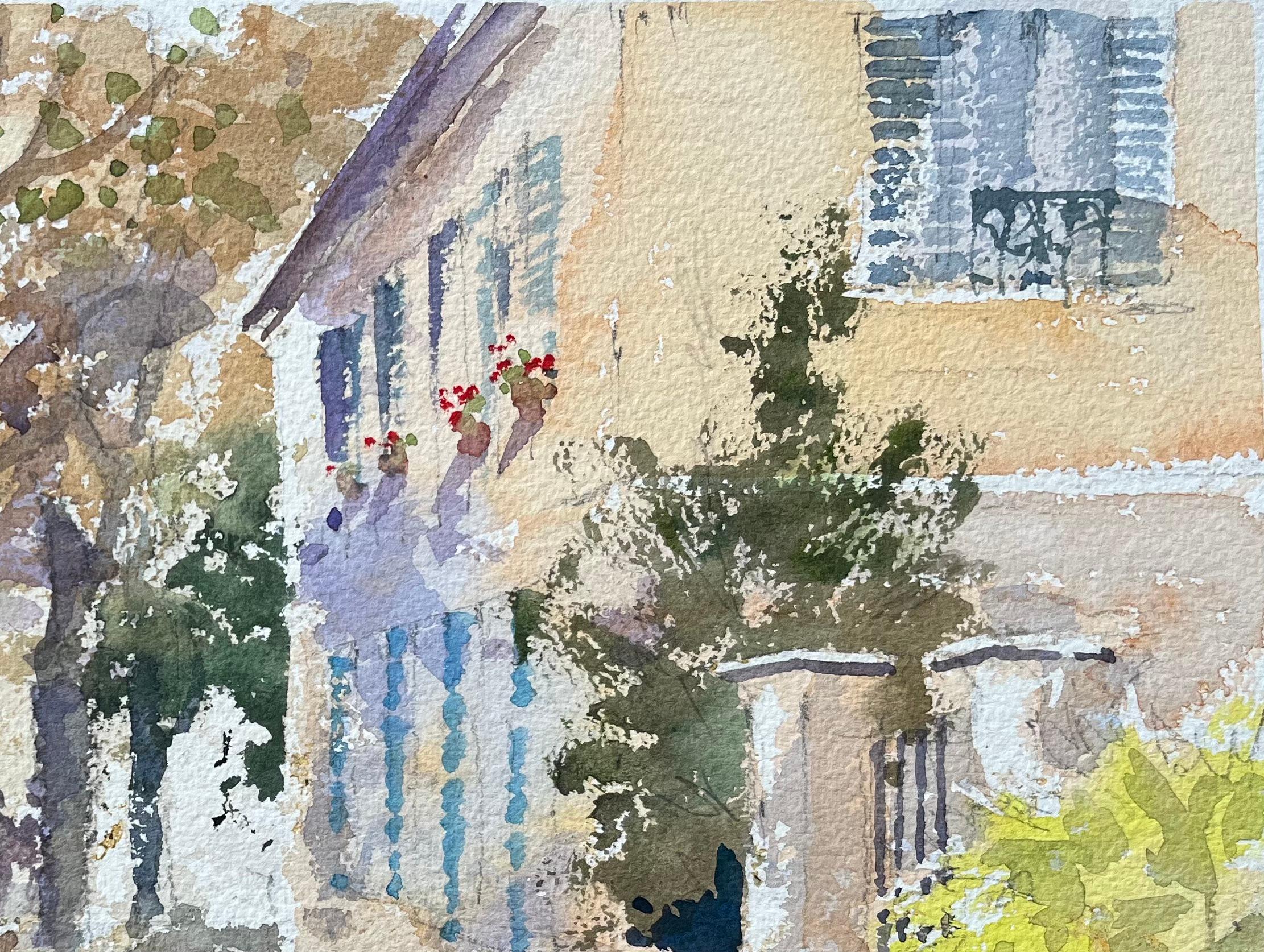 Title: British Impressionist Watercolor of Sunlit Village Street with Bridge
By Anthony Avery (British 1946-2023)
Original watercolor on artists paper, unframed
Dimensions: 9.5 x 15.25 inches (Height x Width)
Condition: Good, with some minor signs