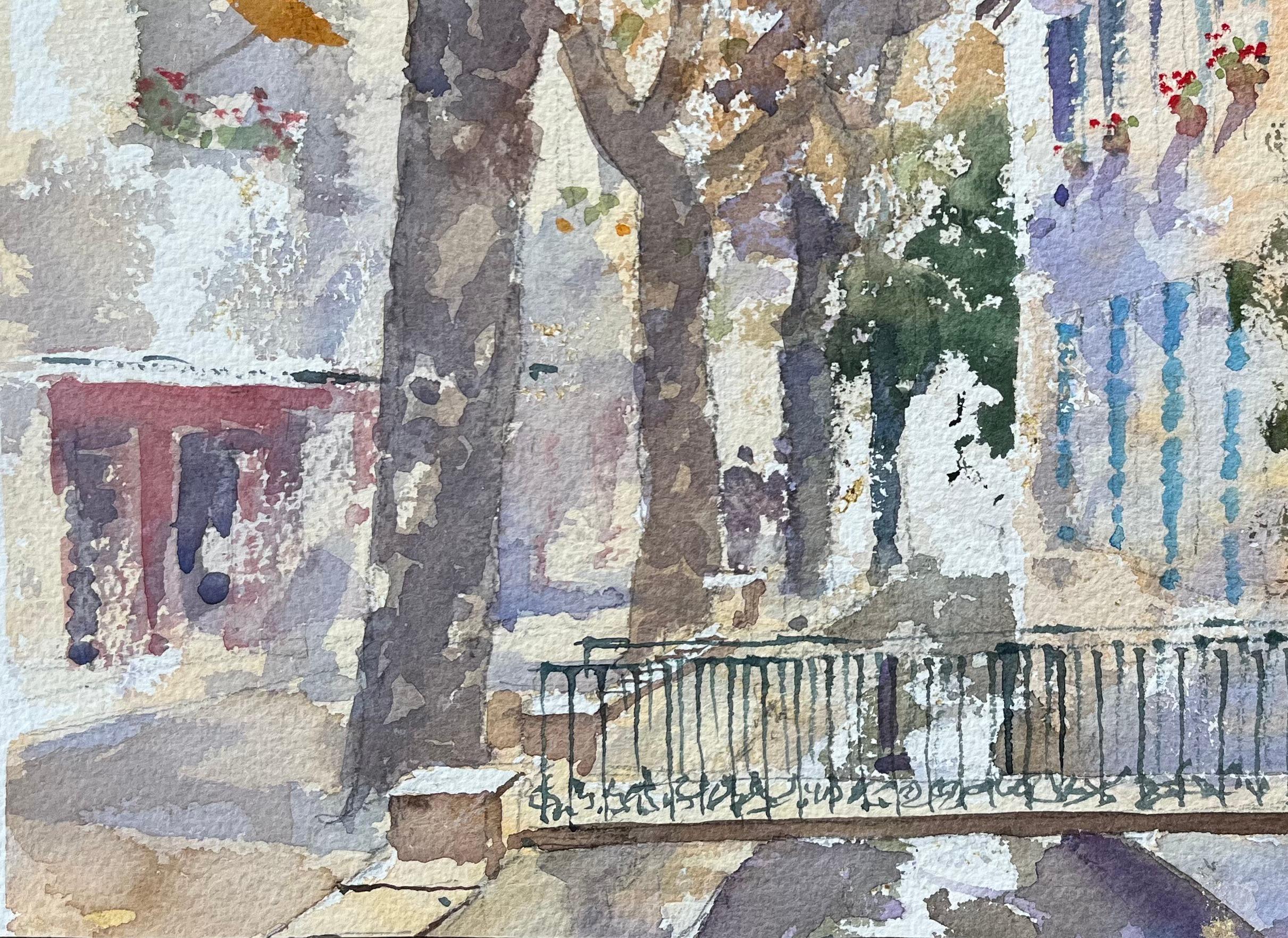 British Impressionist Watercolor of Sunlit Village Street with Bridge For Sale 1