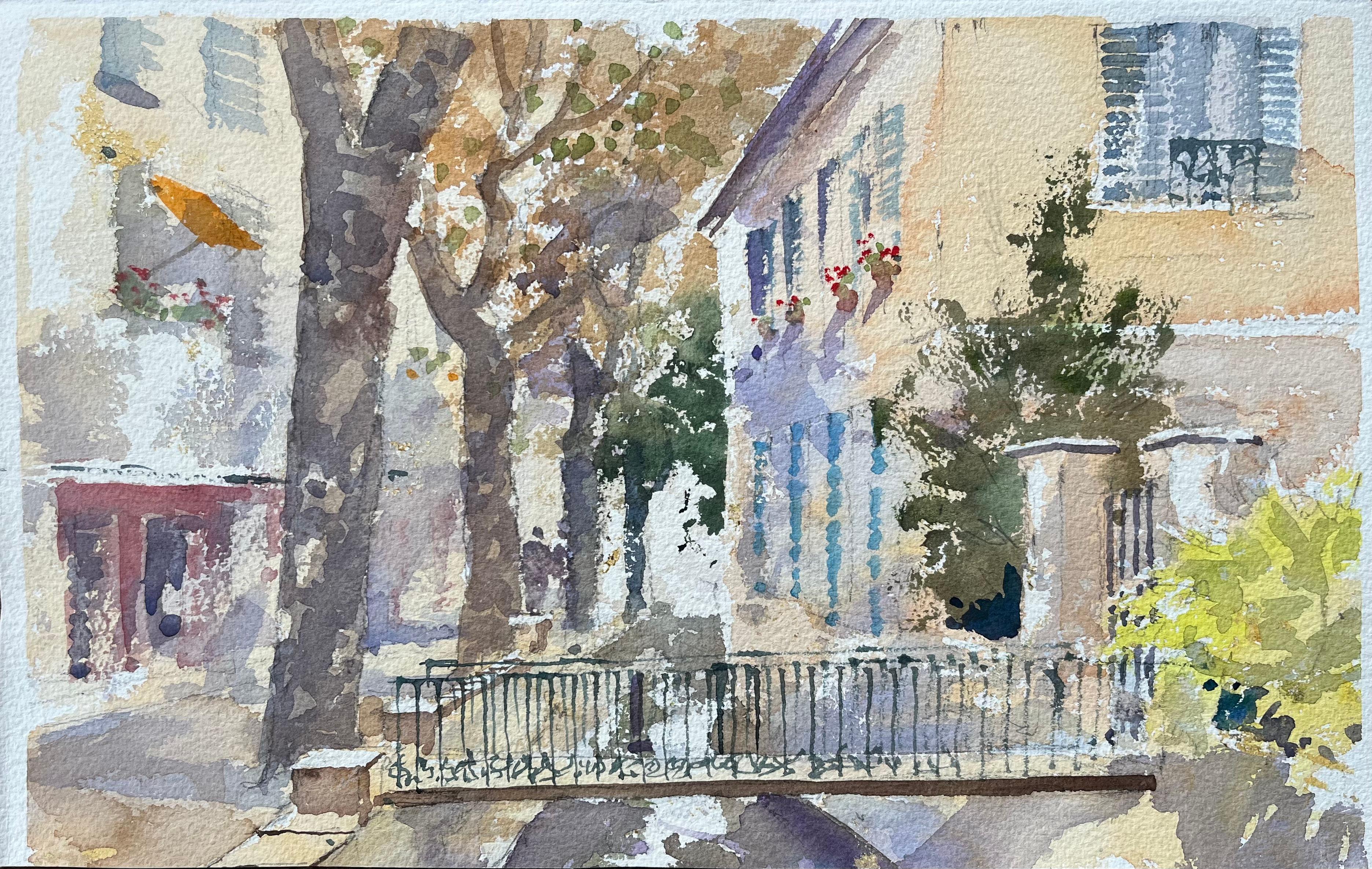 Anthony Avery Landscape Painting - British Impressionist Watercolor of Sunlit Village Street with Bridge