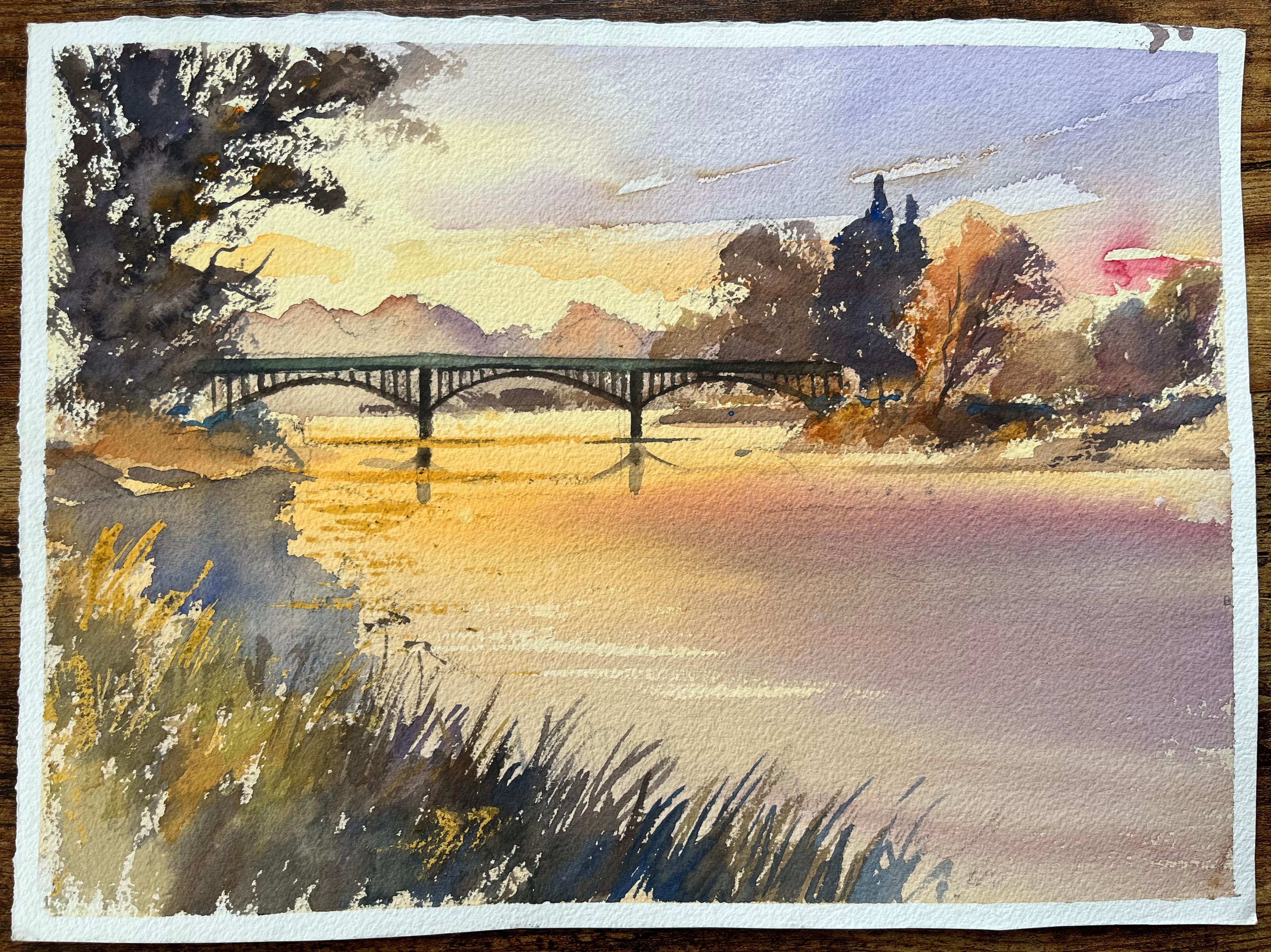 British Impressionist Watercolor of Sunset Over the River Bridge - Painting by Anthony Avery