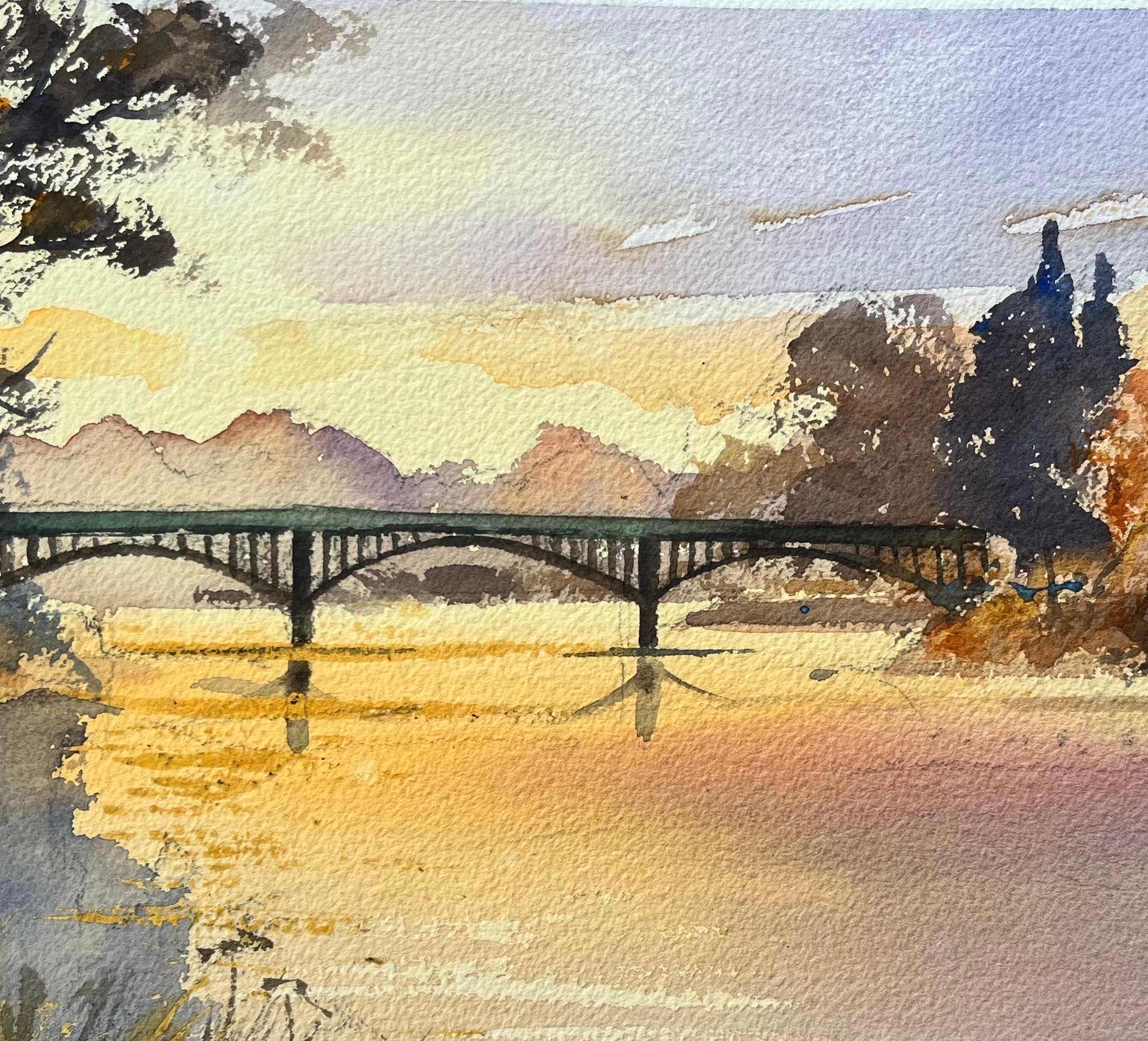 British Impressionist Watercolor of Sunset Over the River Bridge - Brown Landscape Painting by Anthony Avery