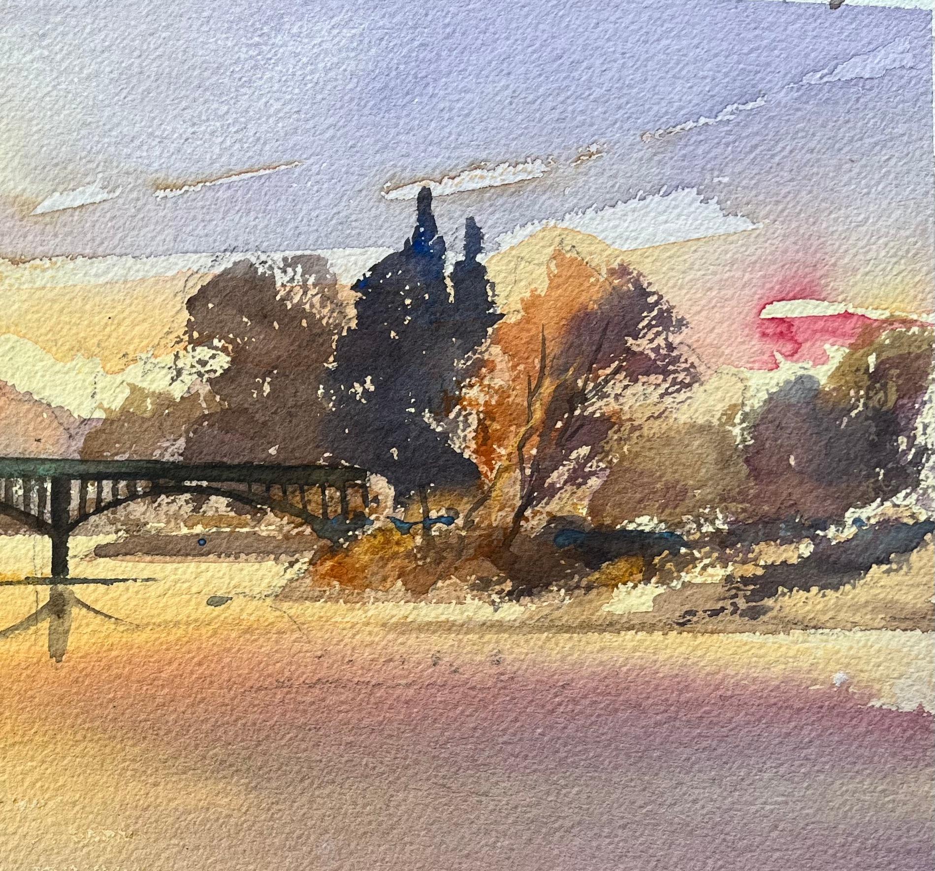 Title: British Impressionist Watercolor of Sunset Over the River Bridge
by Anthony Avery (British 1946-2023)
Original watercolor on artists paper, unframed
Dimensions: 11 x 15.25 inches (Height x Width)
Condition: Good, with some minor signs of