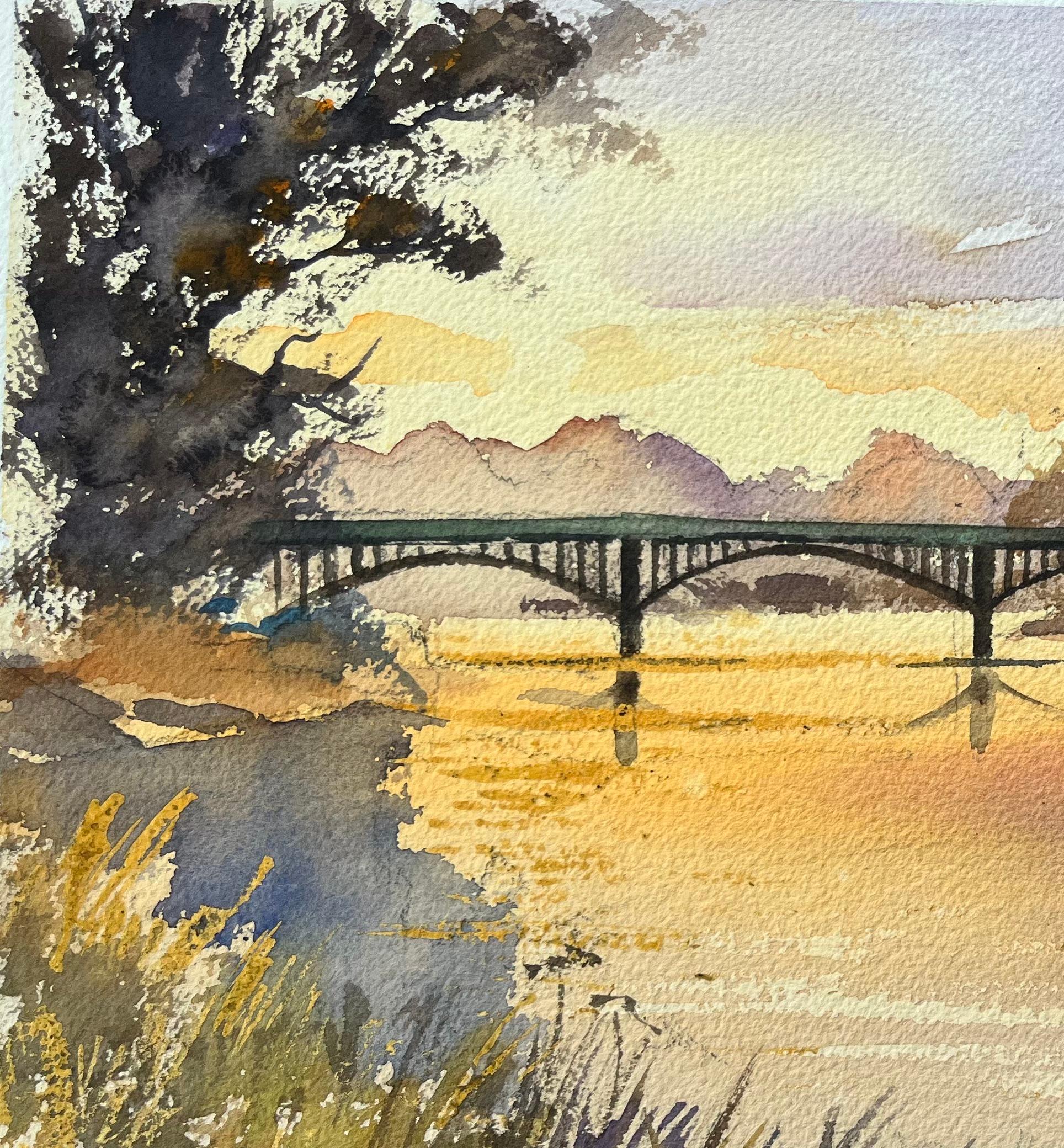 British Impressionist Watercolor of Sunset Over the River Bridge For Sale 1