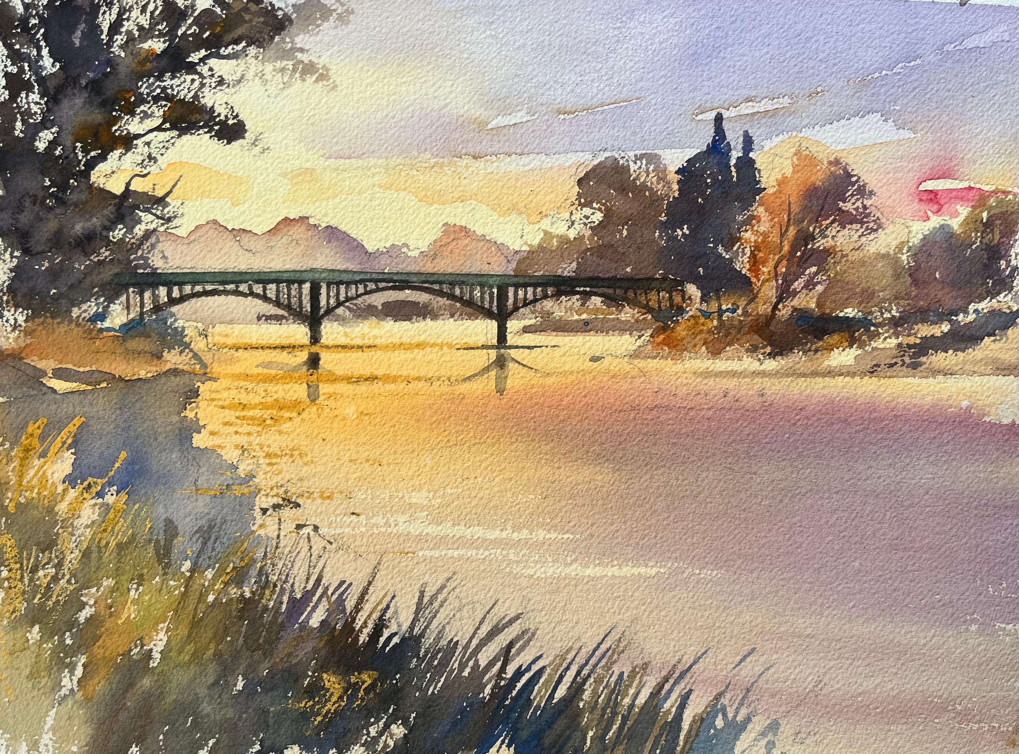 Britischer Impressionist Aquarell von Sonnenuntergang über die Flussbrücke