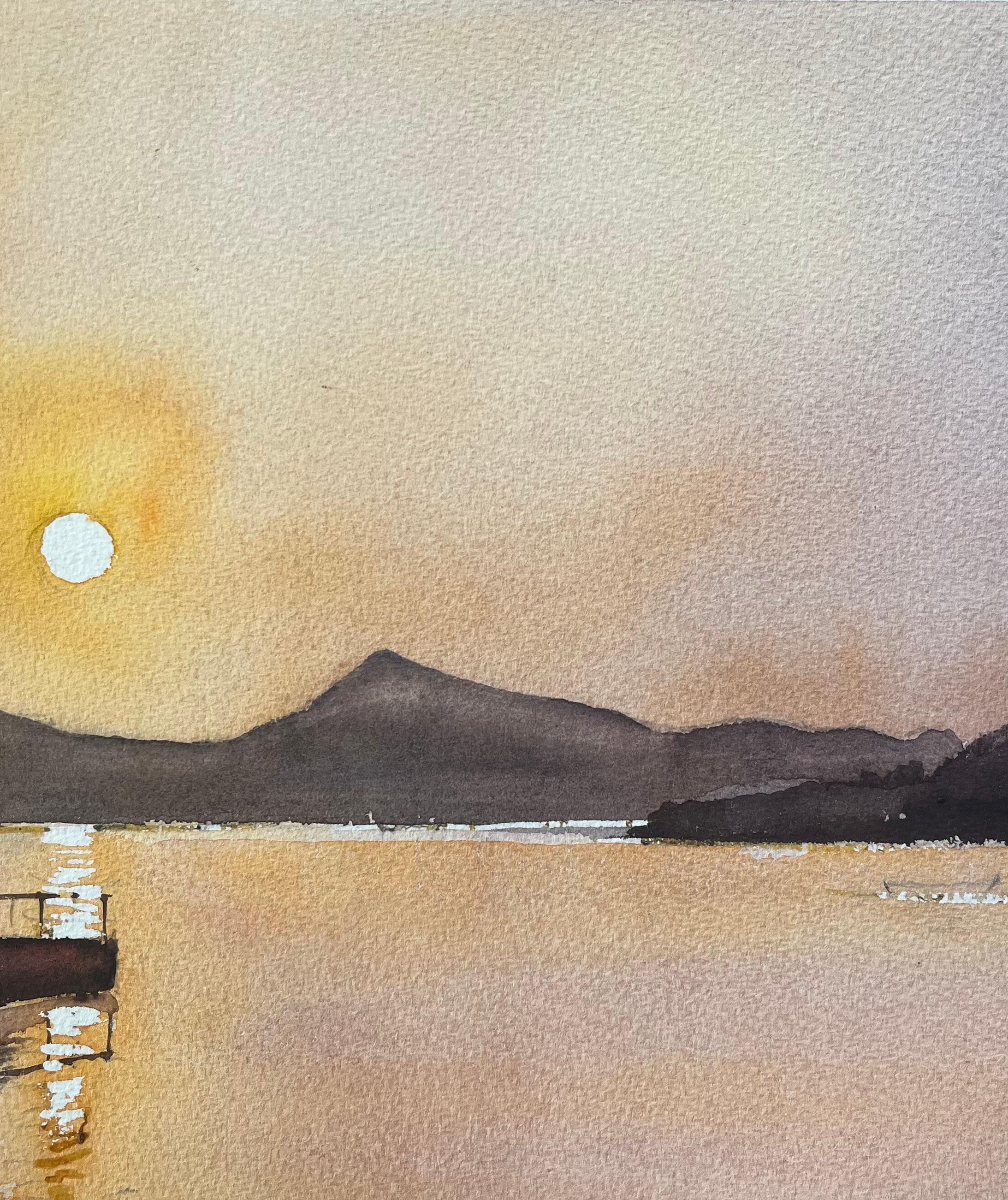 British Impressionist Watercolor of Sunset Over Tranquil Lake - Painting by Anthony Avery