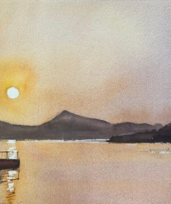 Britischer Impressionist Aquarell von Sonnenuntergang über ruhigen See