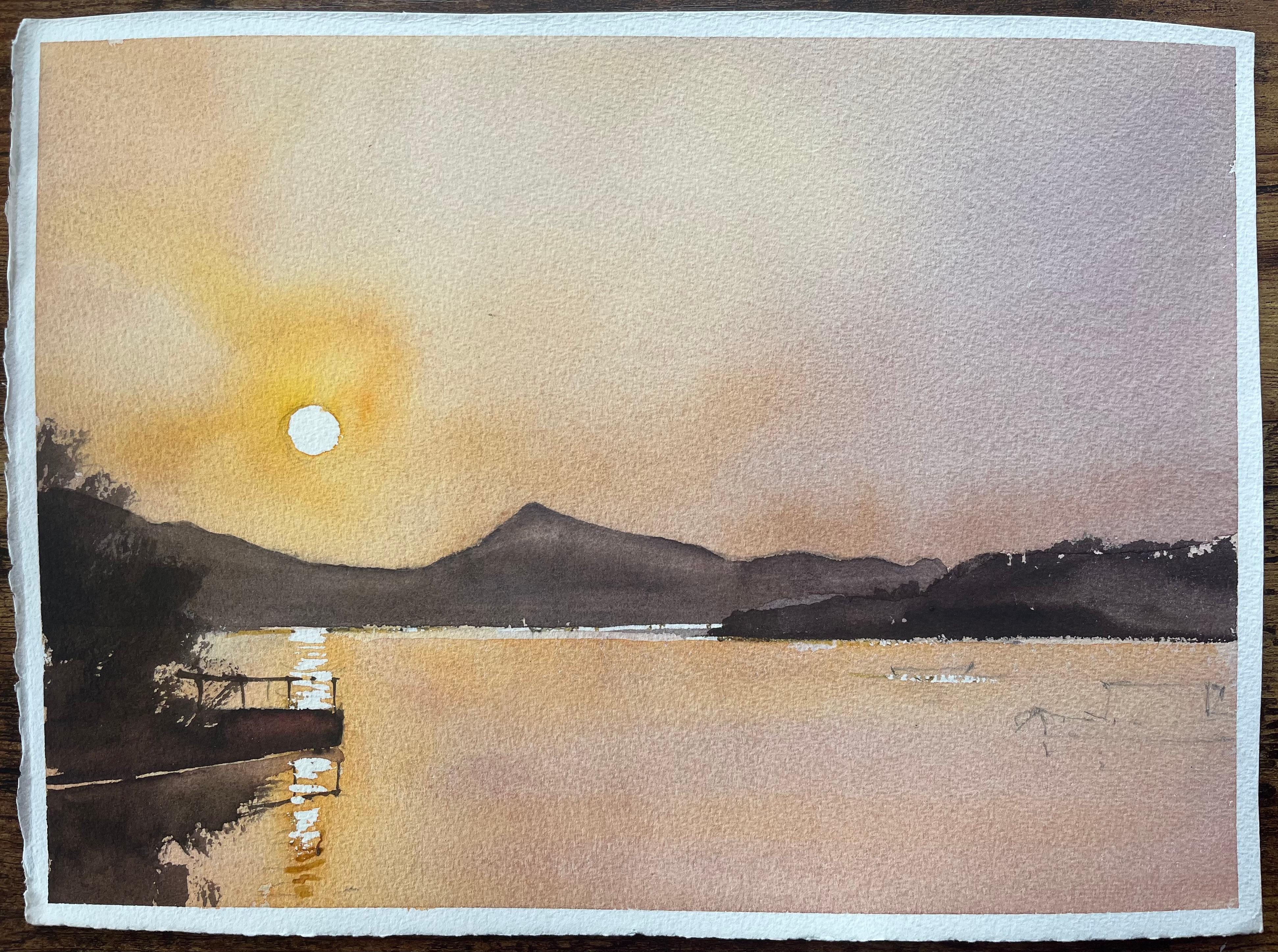 British Impressionist Watercolor of Sunset Over Tranquil Lake - Beige Landscape Painting by Anthony Avery