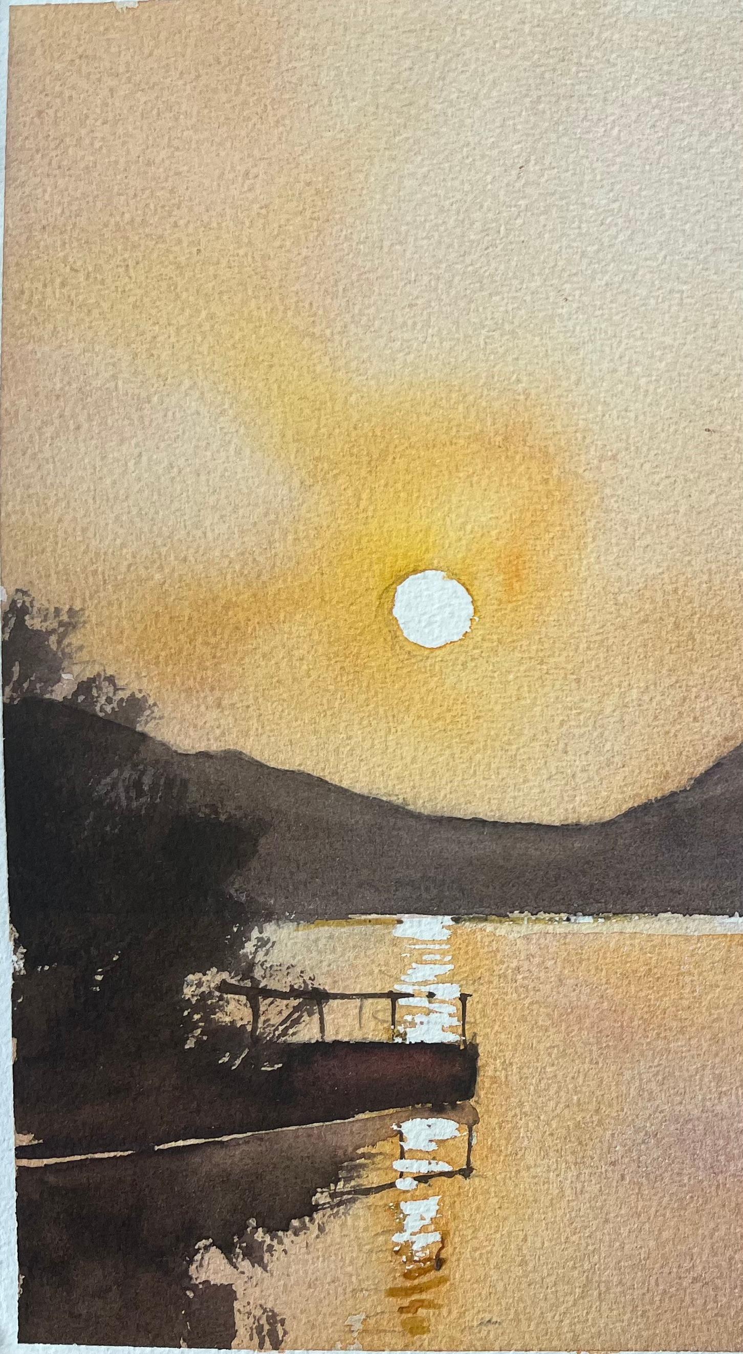 Title: British Impressionist Watercolor of Sunset Over Tranquil Lake
by Anthony Avery (British 1946-2023)
Original watercolor on artists paper, unframed
Dimensions: 11.25 x 15.25 inches (Height x Width)
Condition: Good, with some minor signs of
