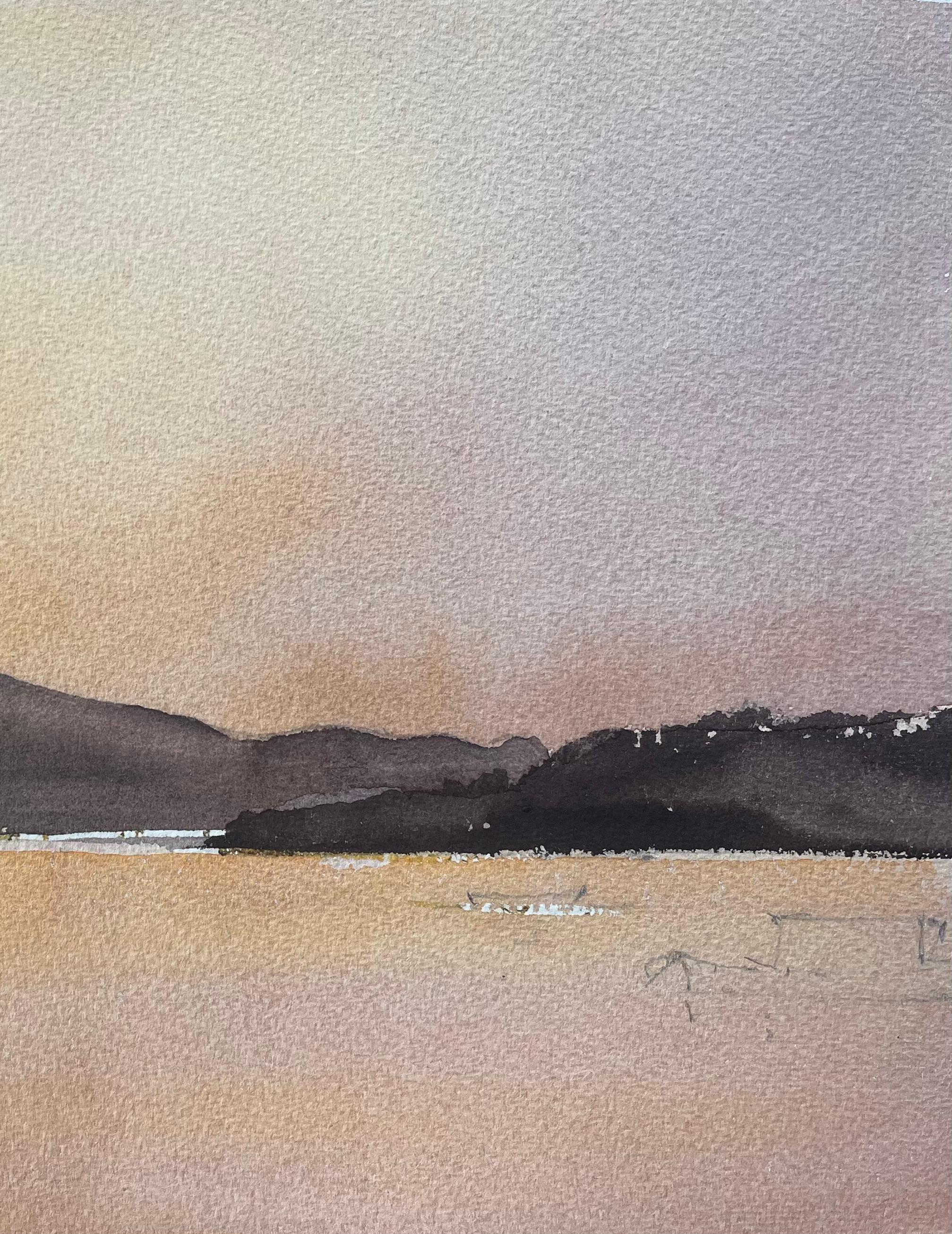 British Impressionist Watercolor of Sunset Over Tranquil Lake For Sale 1
