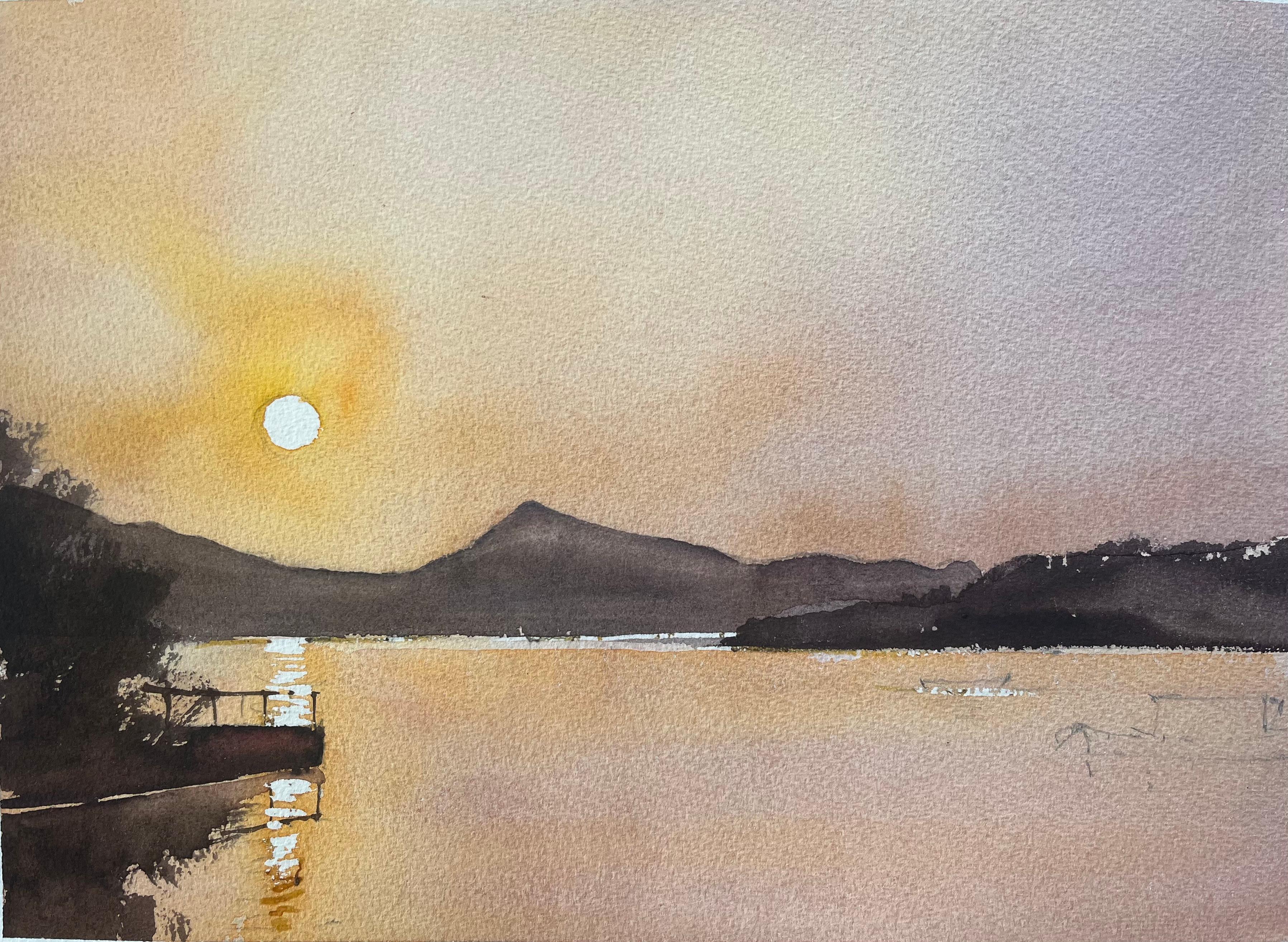 Anthony Avery Landscape Painting - British Impressionist Watercolor of Sunset Over Tranquil Lake
