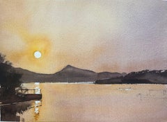 Acquerello impressionista britannico di un tramonto su un lago tranquillo