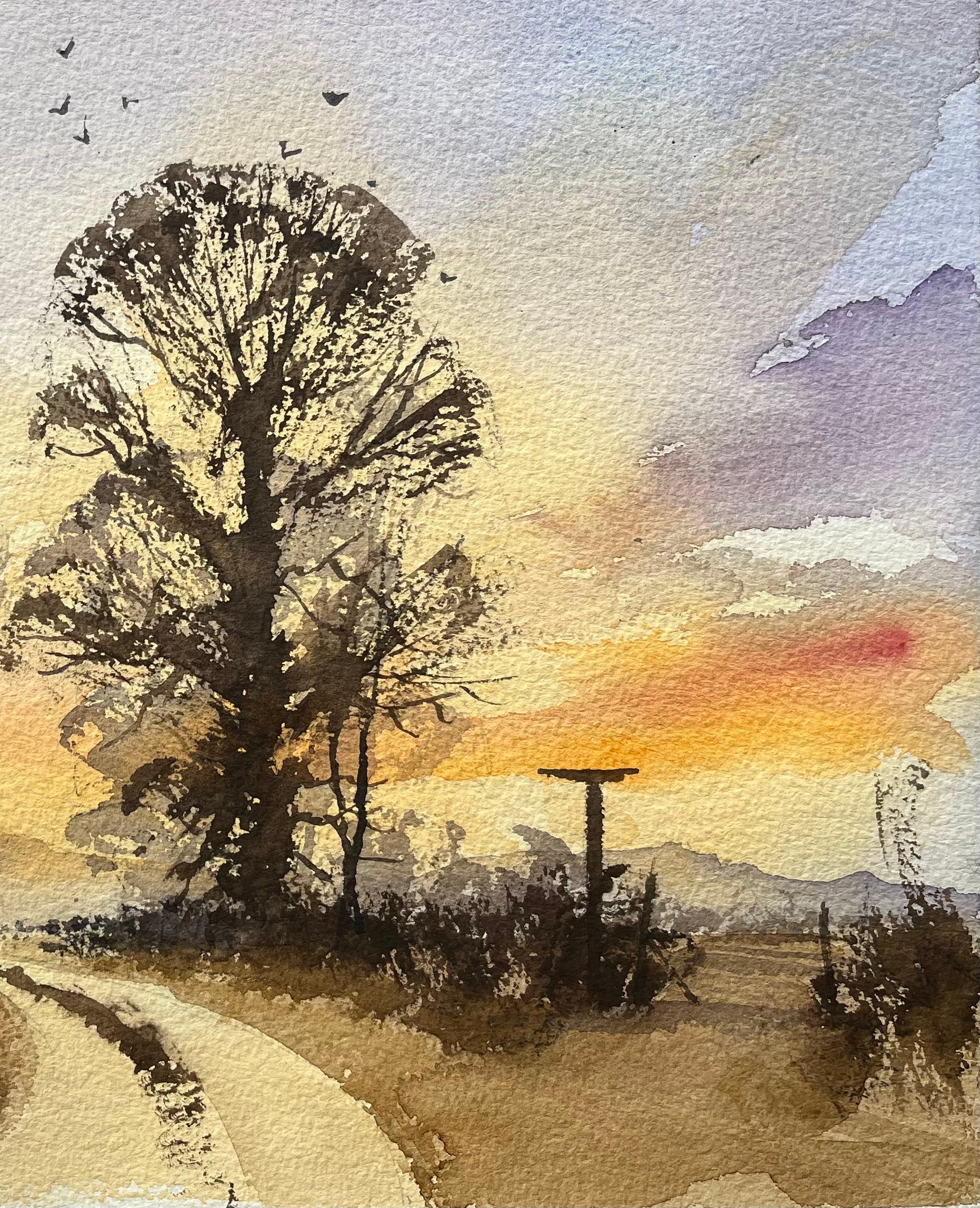 Acquerello impressionista britannico con sentiero e alberi al tramonto - Painting di Anthony Avery