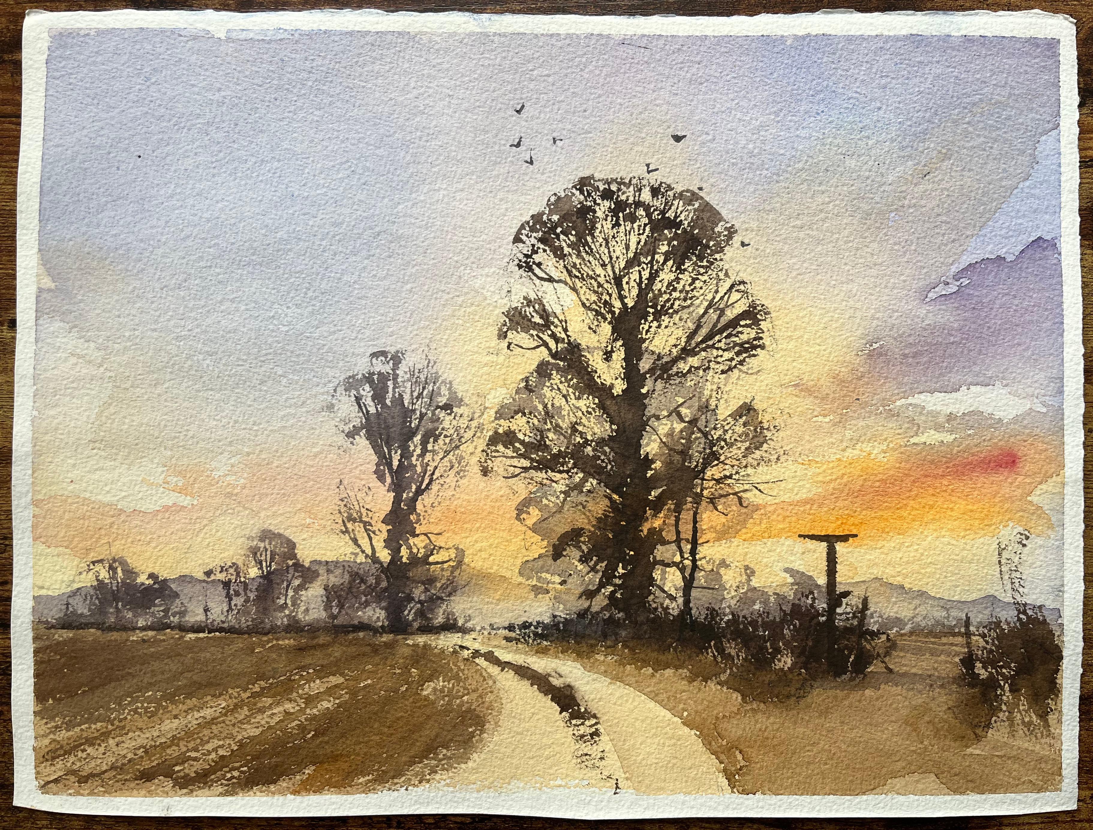 Acquerello impressionista britannico con sentiero e alberi al tramonto - Painting Impressionismo di Anthony Avery