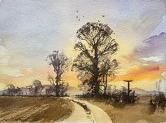 Britischer Impressionist Aquarell von Sonnenuntergang Weg und Bäumen