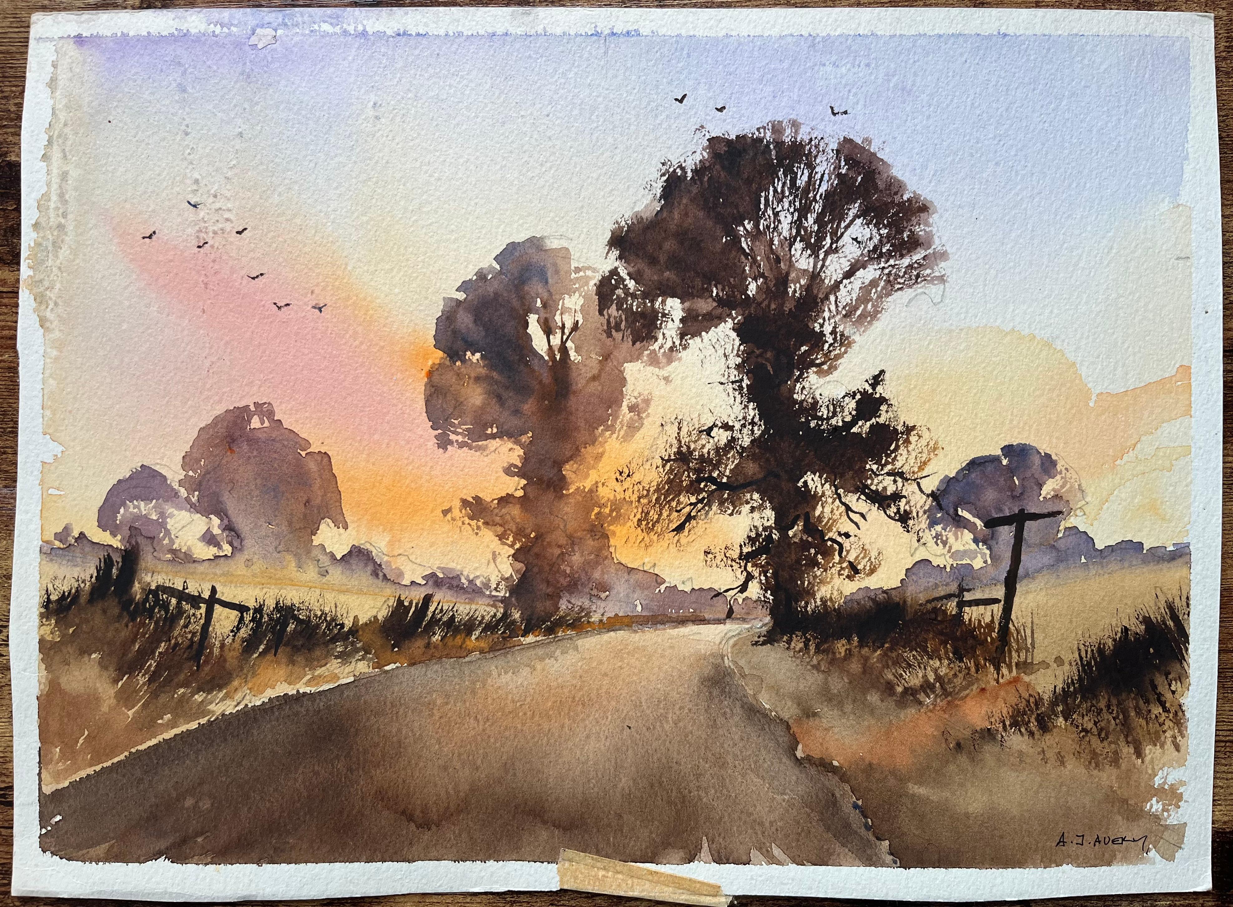 British Impressionist Watercolor of Sunset Road with Trees and Birds - Painting by Anthony Avery