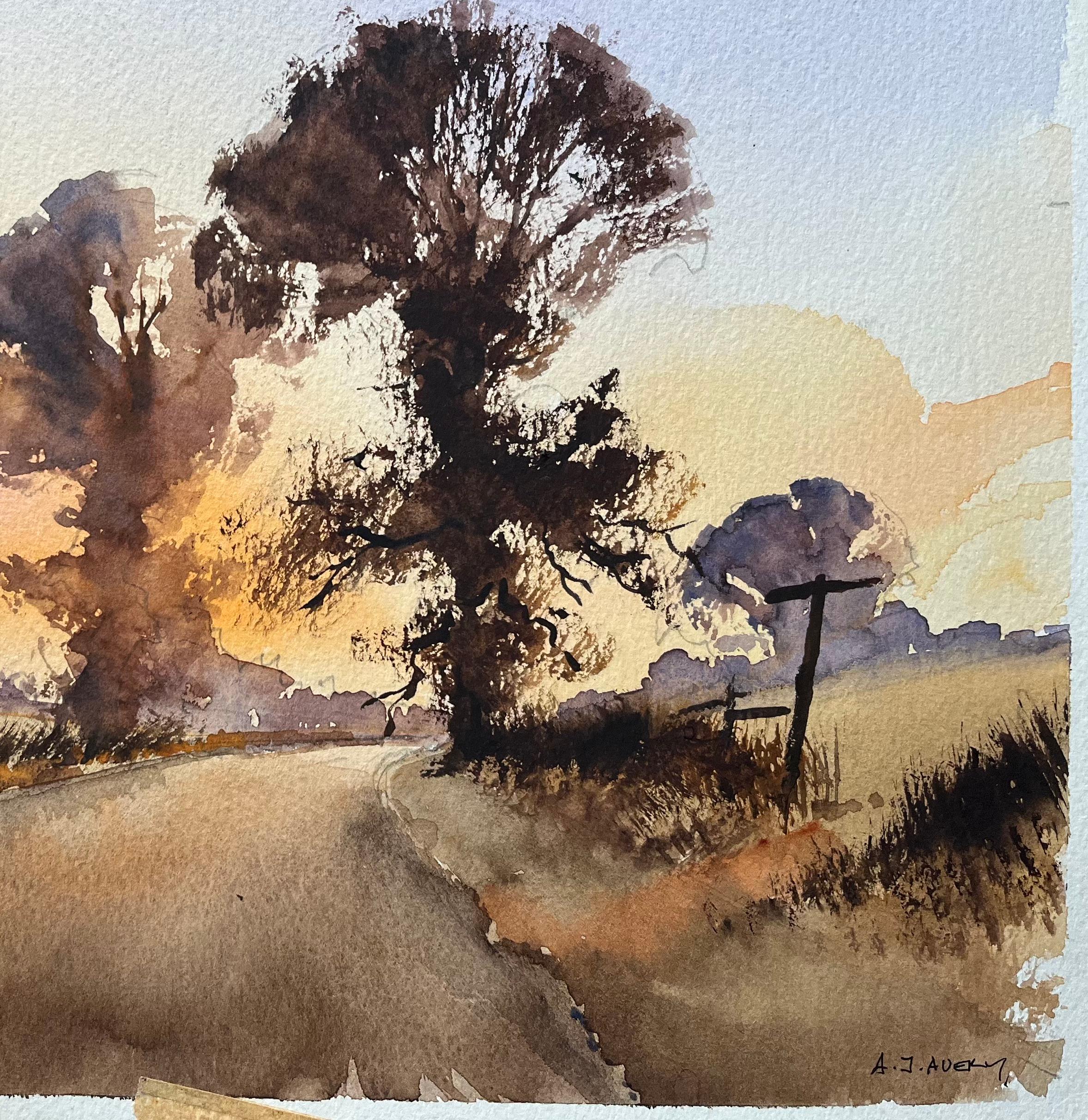British Impressionist Watercolor of Sunset Road with Trees and Birds - Beige Landscape Painting by Anthony Avery