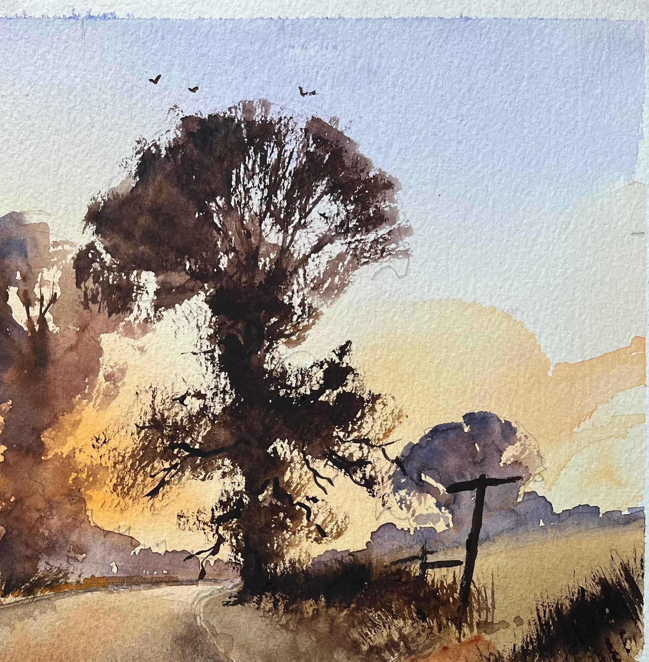 Title: British Impressionist Watercolor of Sunset Road with Trees and Birds
By Anthony Avery (British 1946-2023)
Original watercolor on artists paper, unframed
Signed: Yes
Dimensions: 11 x 15 inches (Height x Width)
Condition: Good, with some minor