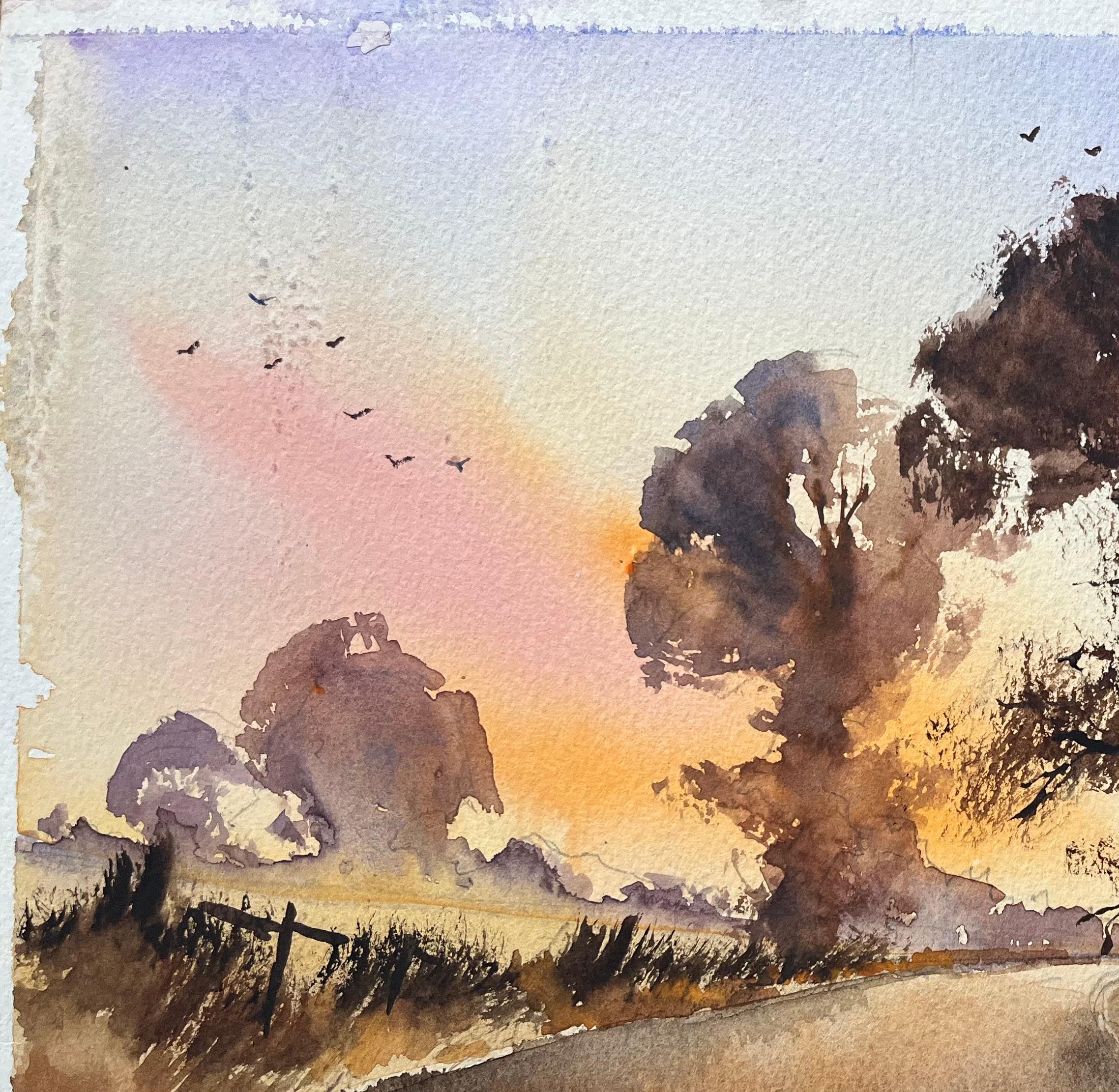 British Impressionist Watercolor of Sunset Road with Trees and Birds For Sale 1