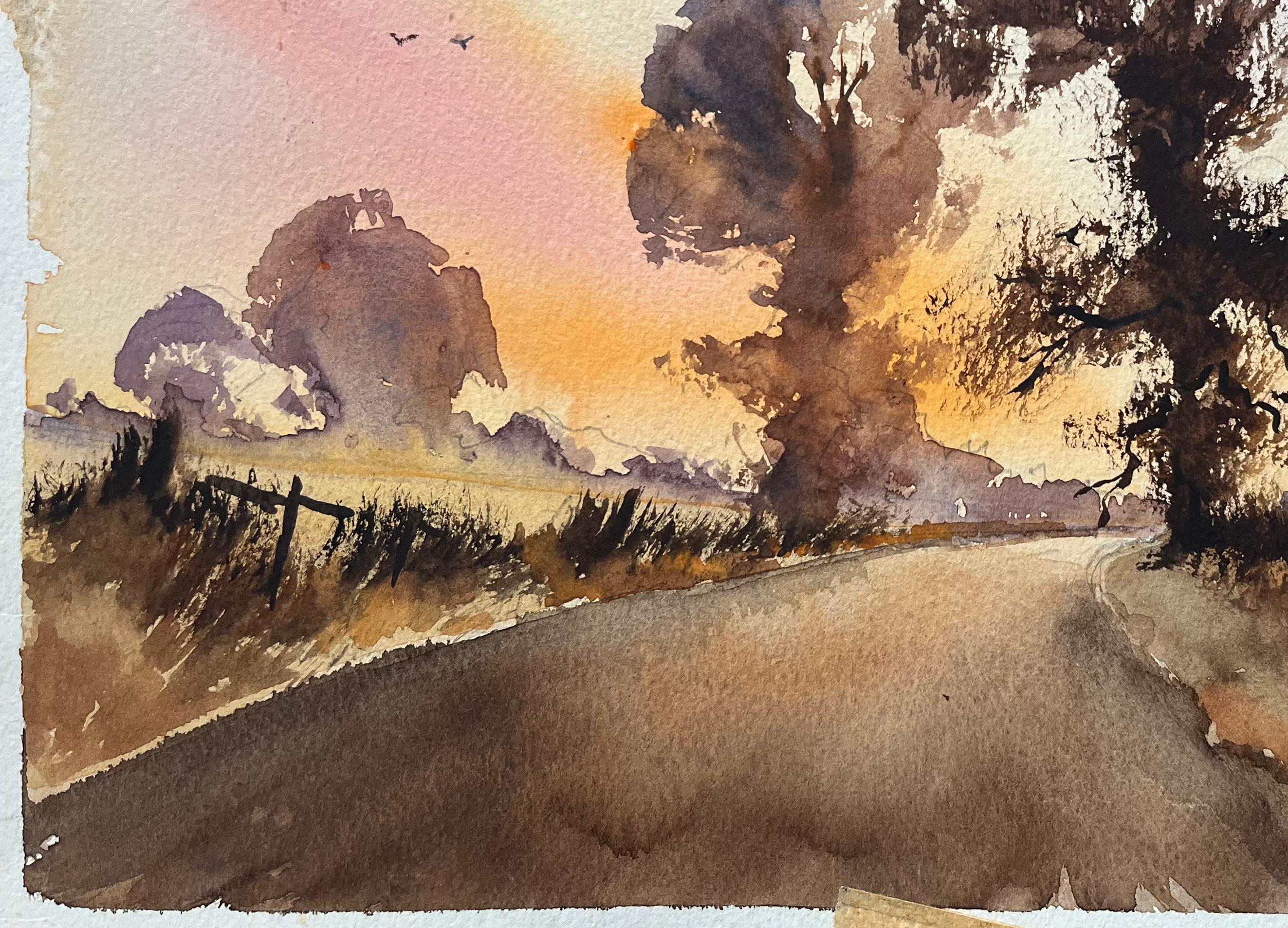 British Impressionist Watercolor of Sunset Road with Trees and Birds For Sale 2