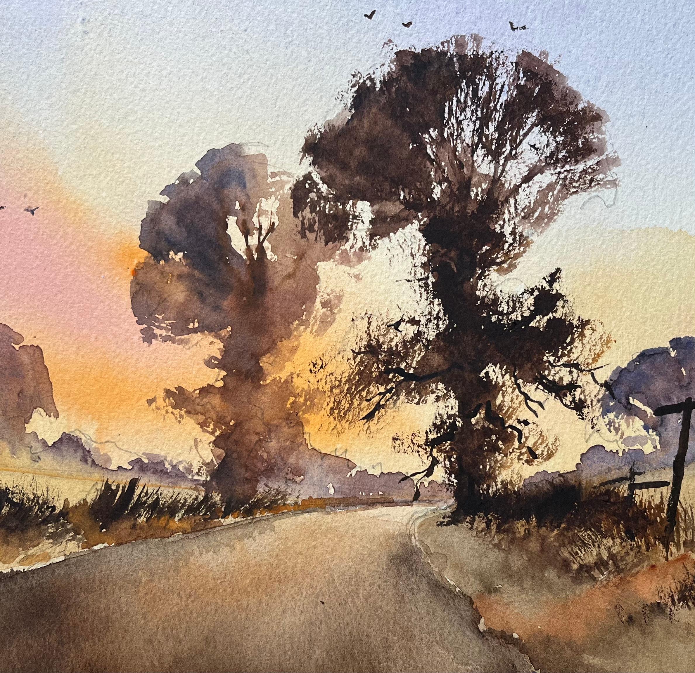 British Impressionist Watercolor of Sunset Road with Trees and Birds For Sale 3