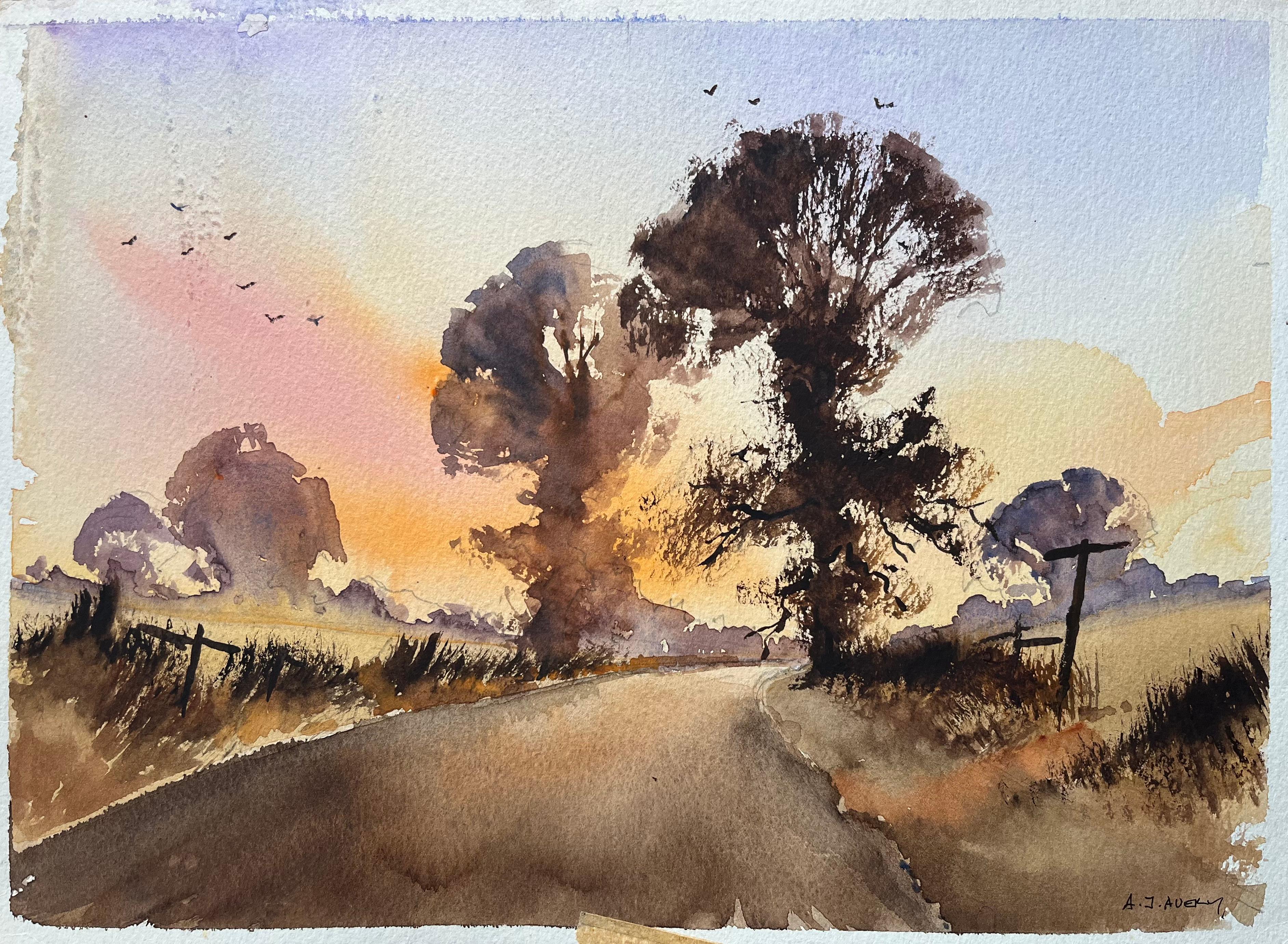 British Impressionist Watercolor of Sunset Road with Trees and Birds