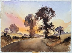 British Impressionist Watercolor of Sunset Road with Trees and Birds