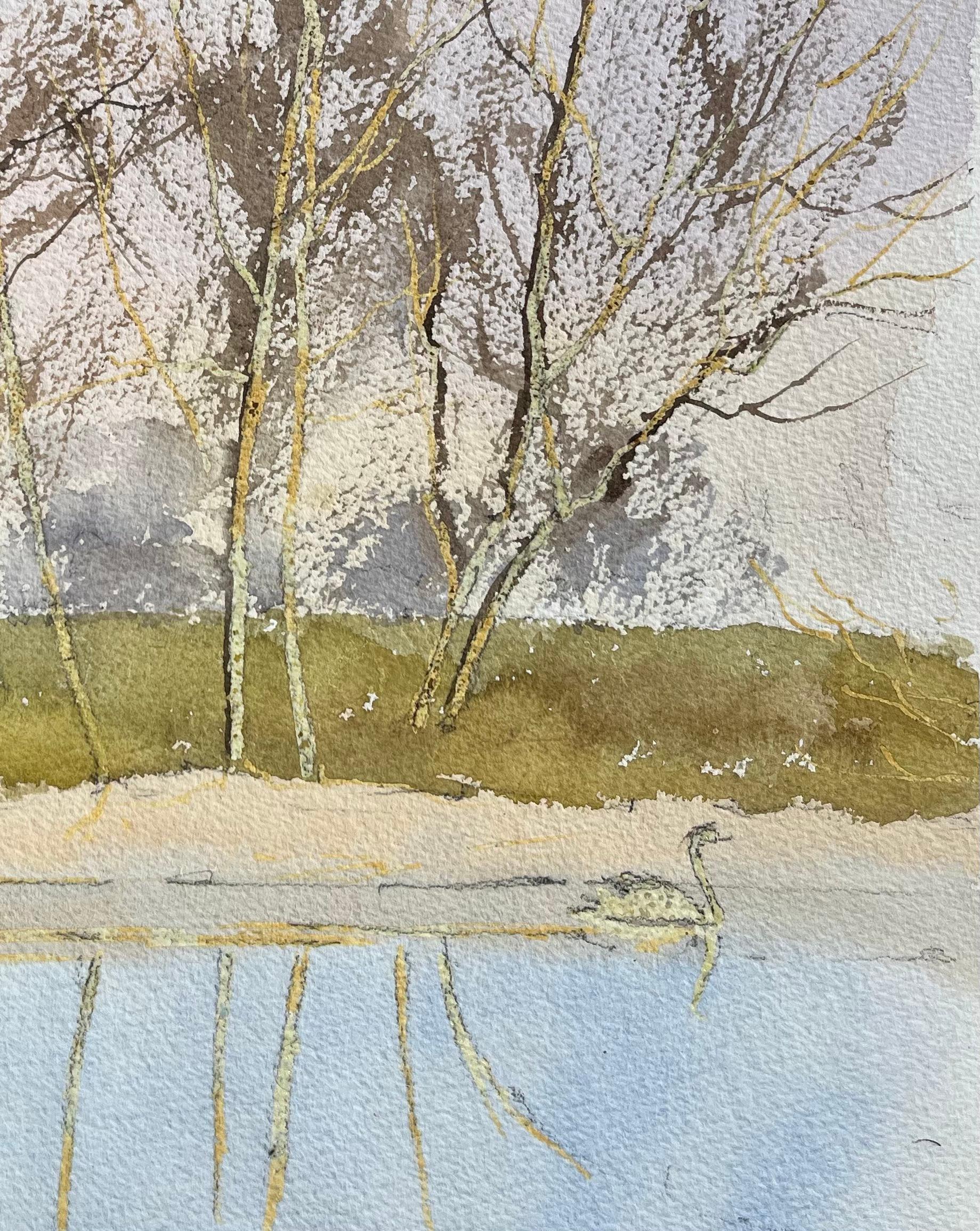 Britischer Impressionist Aquarell von Schwan gleitet durch den Fluss (Impressionismus), Painting, von Anthony Avery