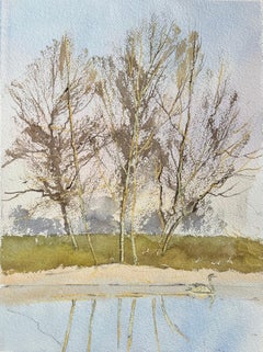Aquarelle impressionniste britannique représentant un Swan glissant au bord de la rivière