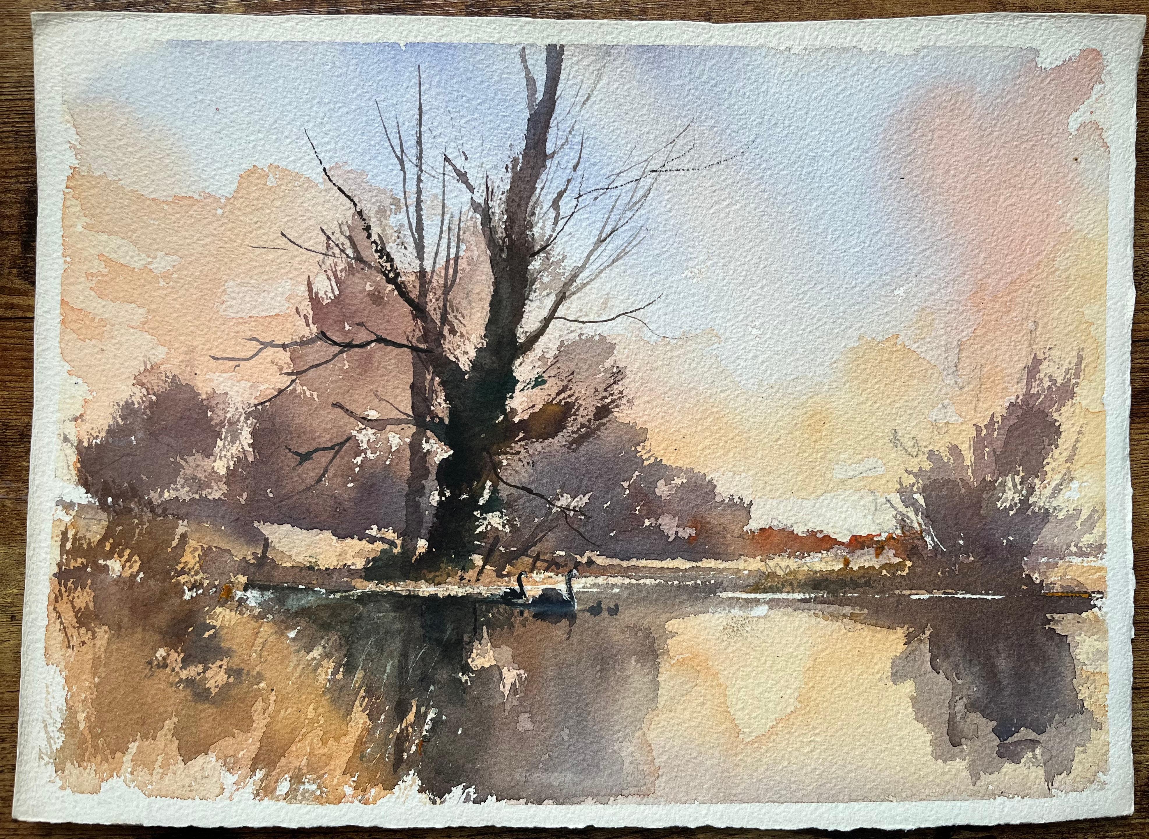British Impressionist Watercolor of Swans at Dusk by a Riverside Tree - Painting by Anthony Avery