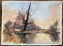 Aquarelle impressionniste britannique représentant des Swans au crépuscule près d'un arbre riverain