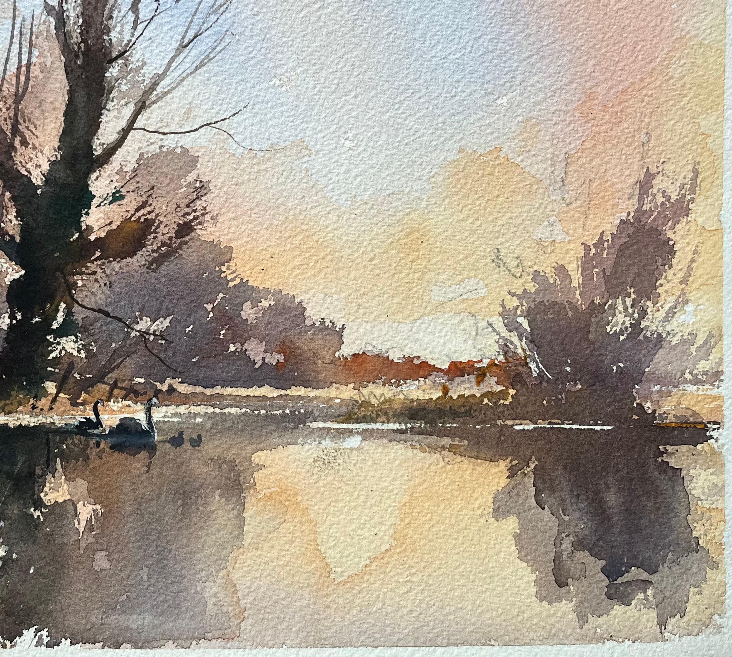 British Impressionist Watercolor of Swans at Dusk by a Riverside Tree - Beige Landscape Painting by Anthony Avery