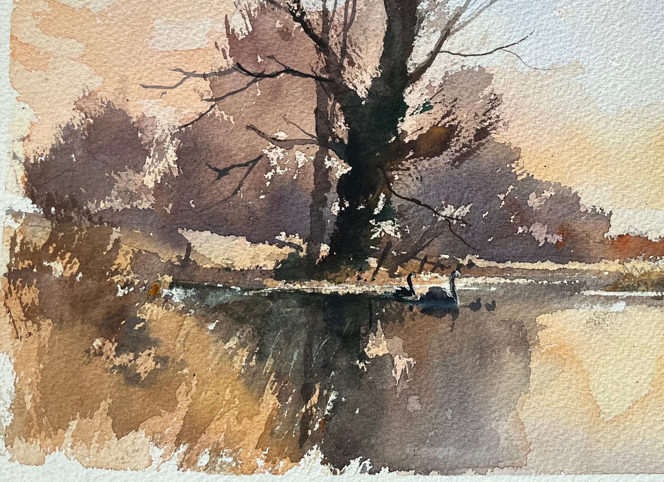 Title: British Impressionist Watercolor of Swans at Dusk by a Riverside Tree
By Anthony Avery (British 1946-2023)
Original watercolor on artists paper, unframed
Dimensions: 11 x 15.25 inches (Height x Width)
Condition: Good, with some minor signs of