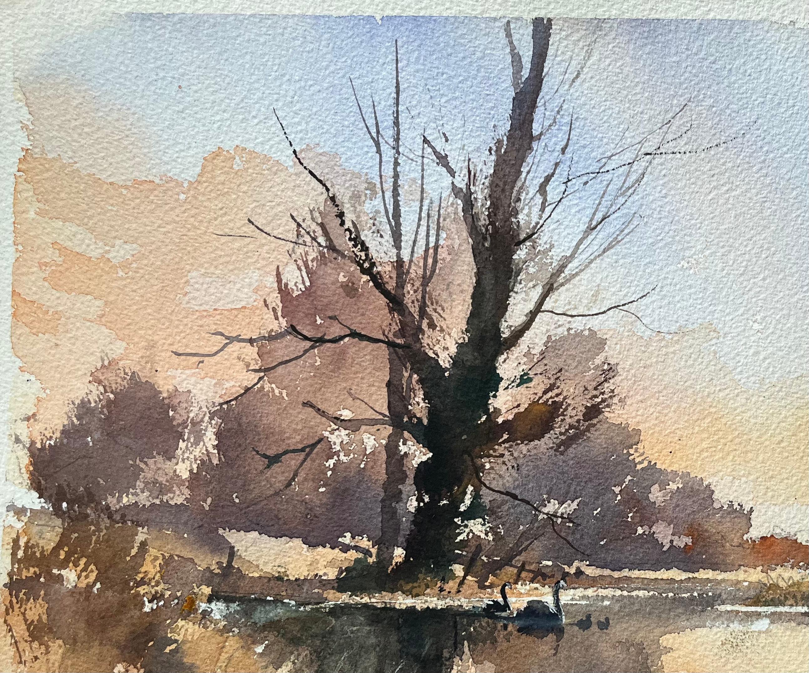 British Impressionist Watercolor of Swans at Dusk by a Riverside Tree For Sale 1