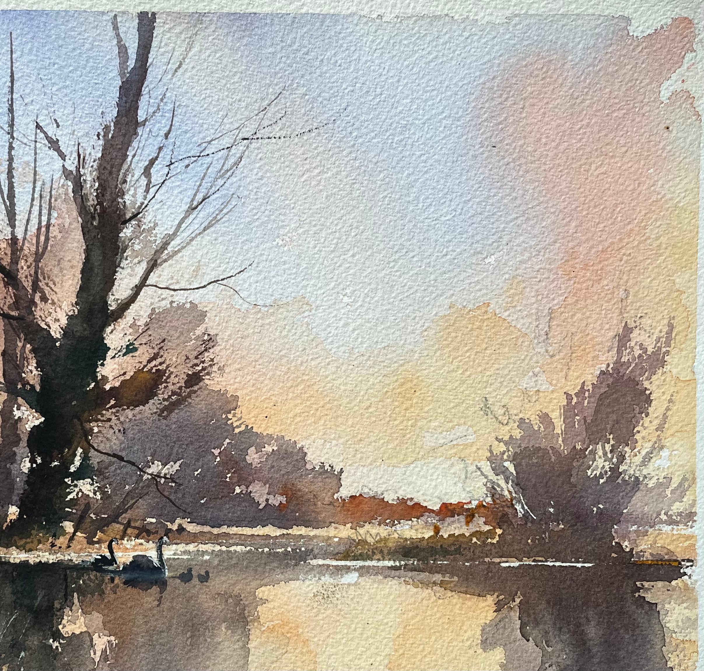 British Impressionist Watercolor of Swans at Dusk by a Riverside Tree For Sale 2