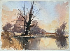 Britischer Impressionist Aquarell von Schwänen in der Abenddämmerung durch einen Flussbaum