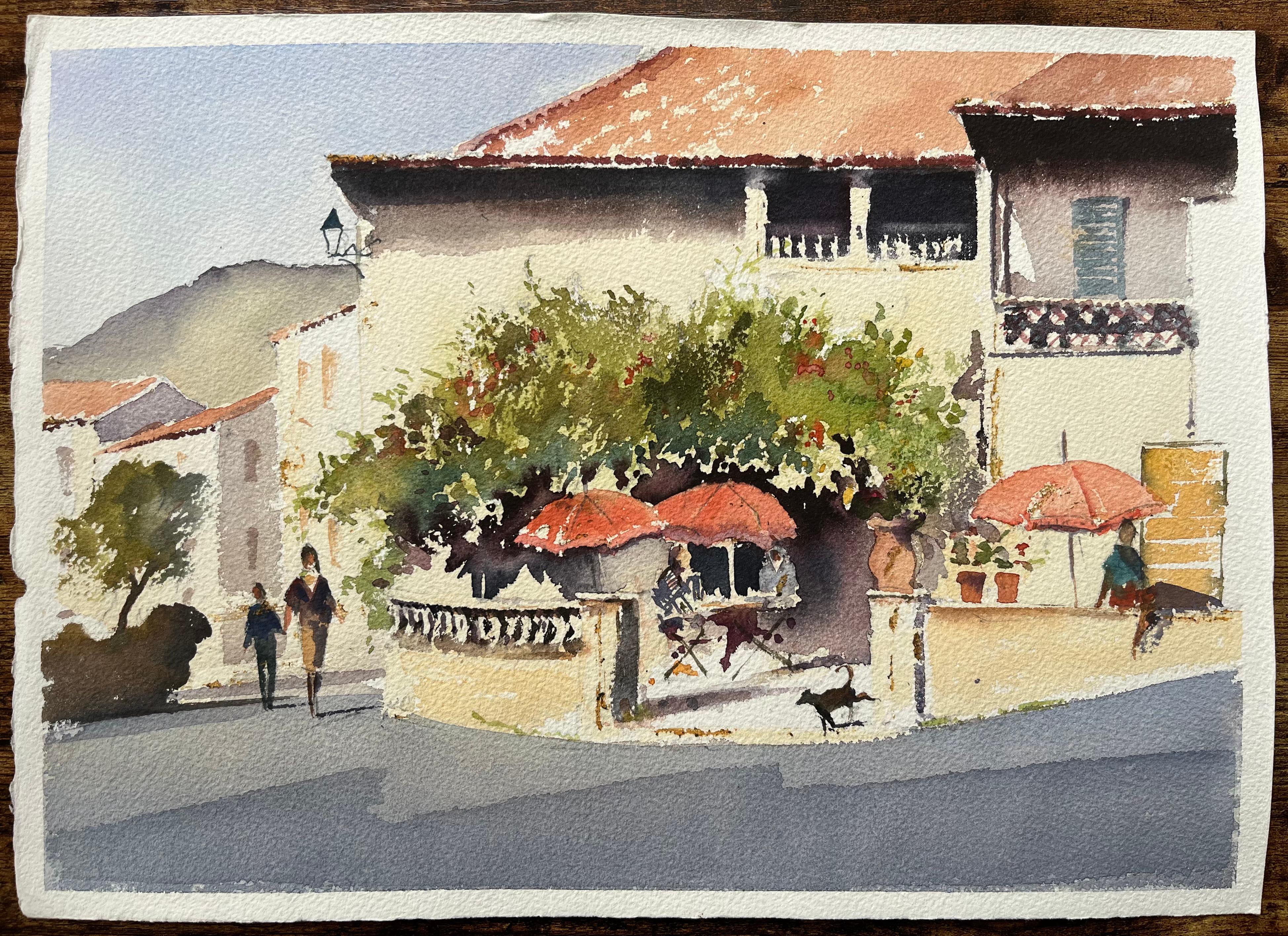 British Impressionist Watercolor of Terrace Café Scene with Red Umbrellas - Painting by Anthony Avery