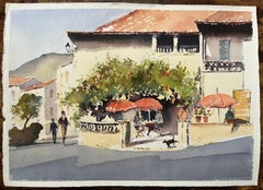 British Impressionist Watercolor of Terrace Café Scene with Red Umbrellas