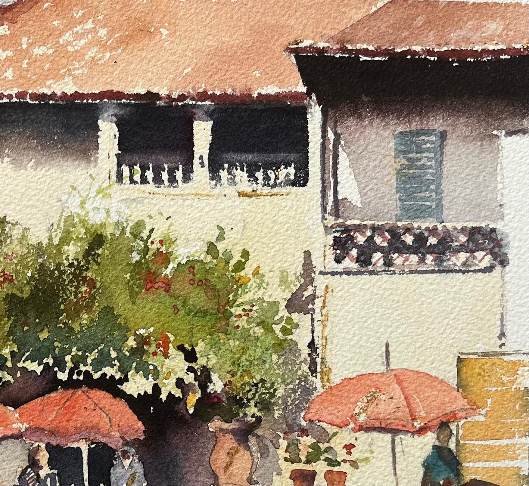British Impressionist Watercolor of Terrace Café Scene with Red Umbrellas - Brown Landscape Painting by Anthony Avery